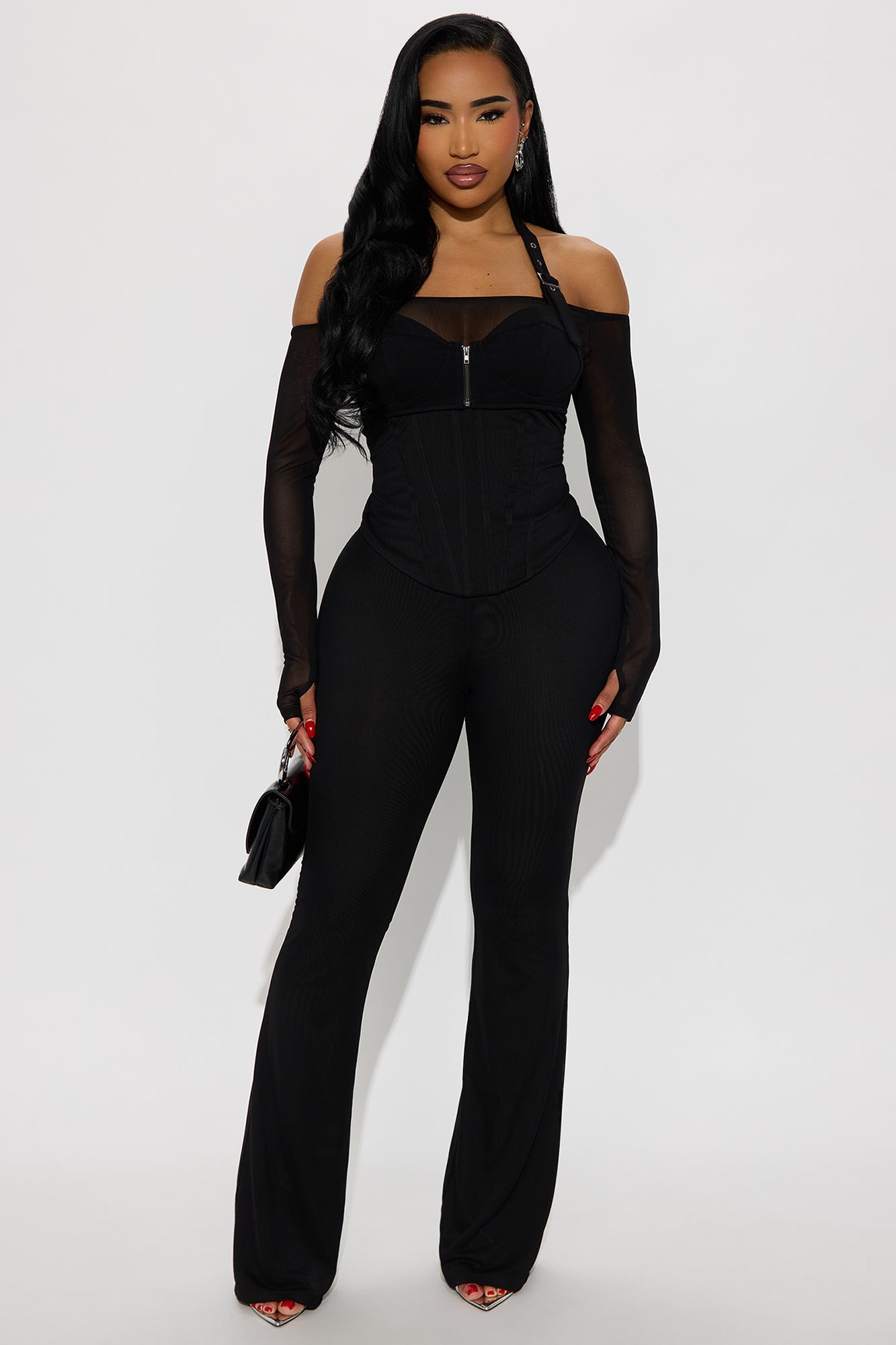 Kyla Off Shoulder Mesh Pant Set  - Black