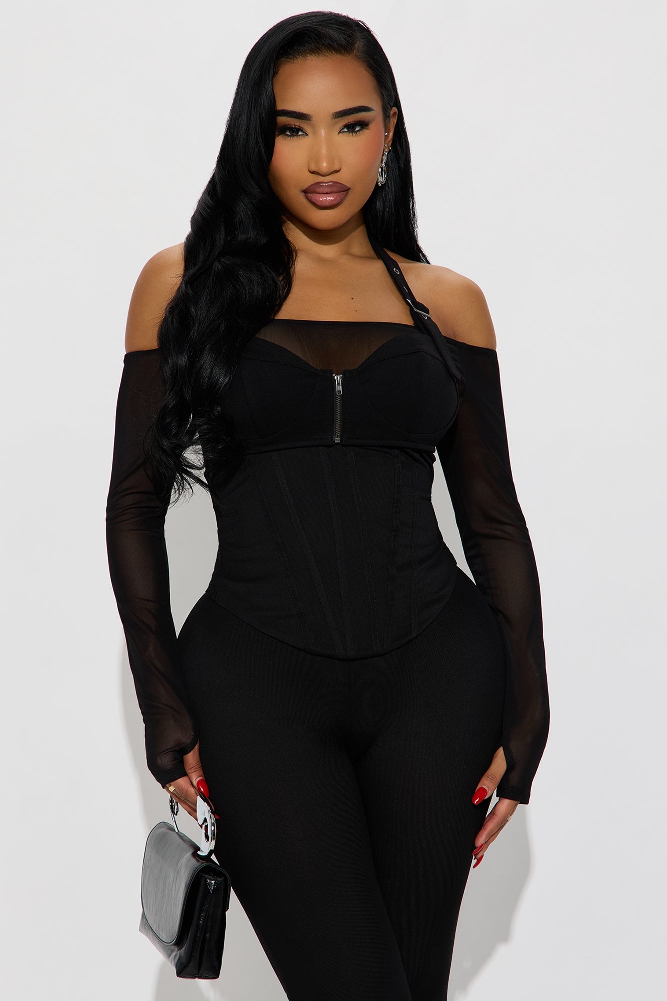 Kyla Off Shoulder Mesh Pant Set  - Black