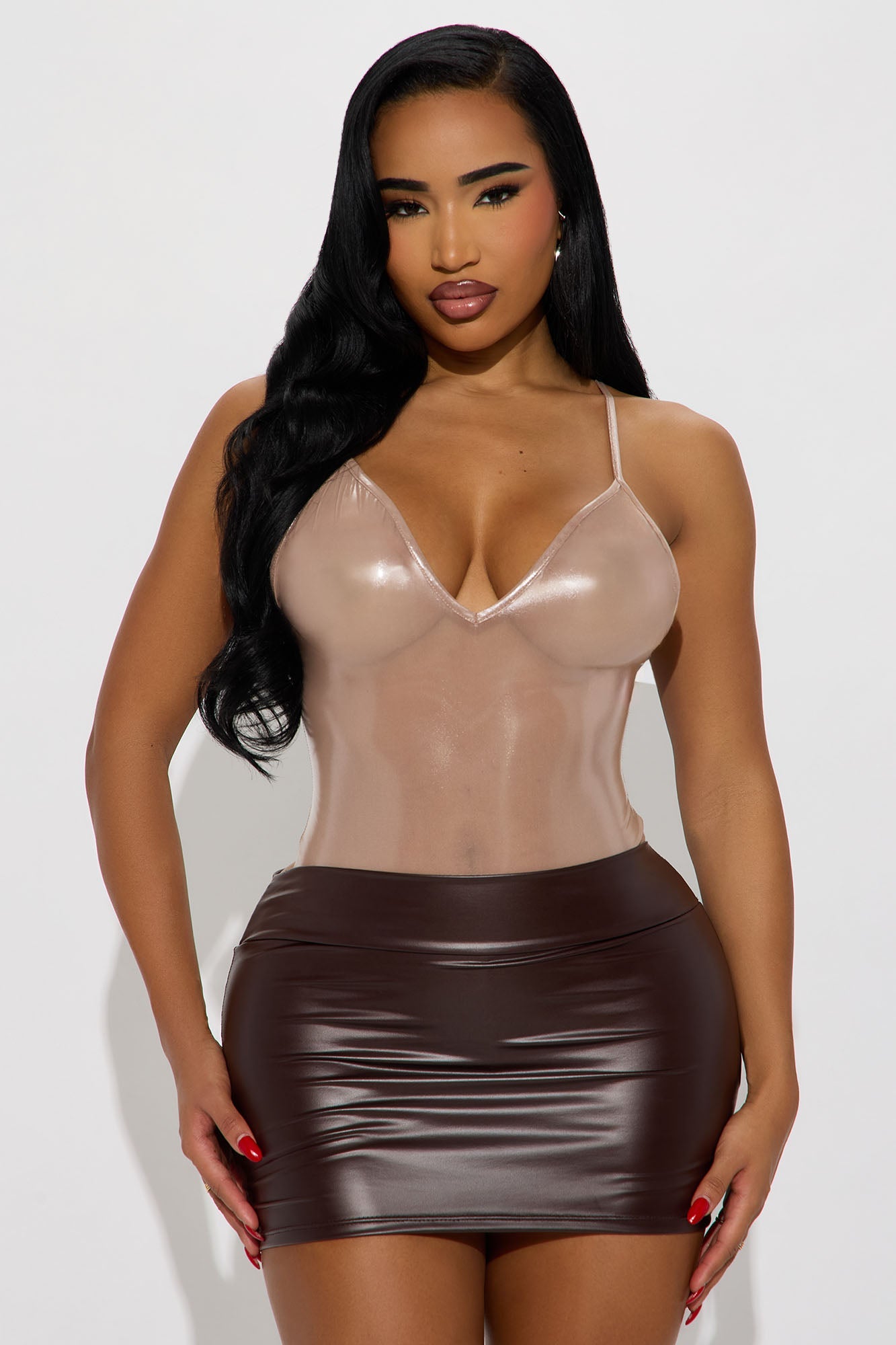 Sunnfia Faux Leather Bodysuit - Mocha