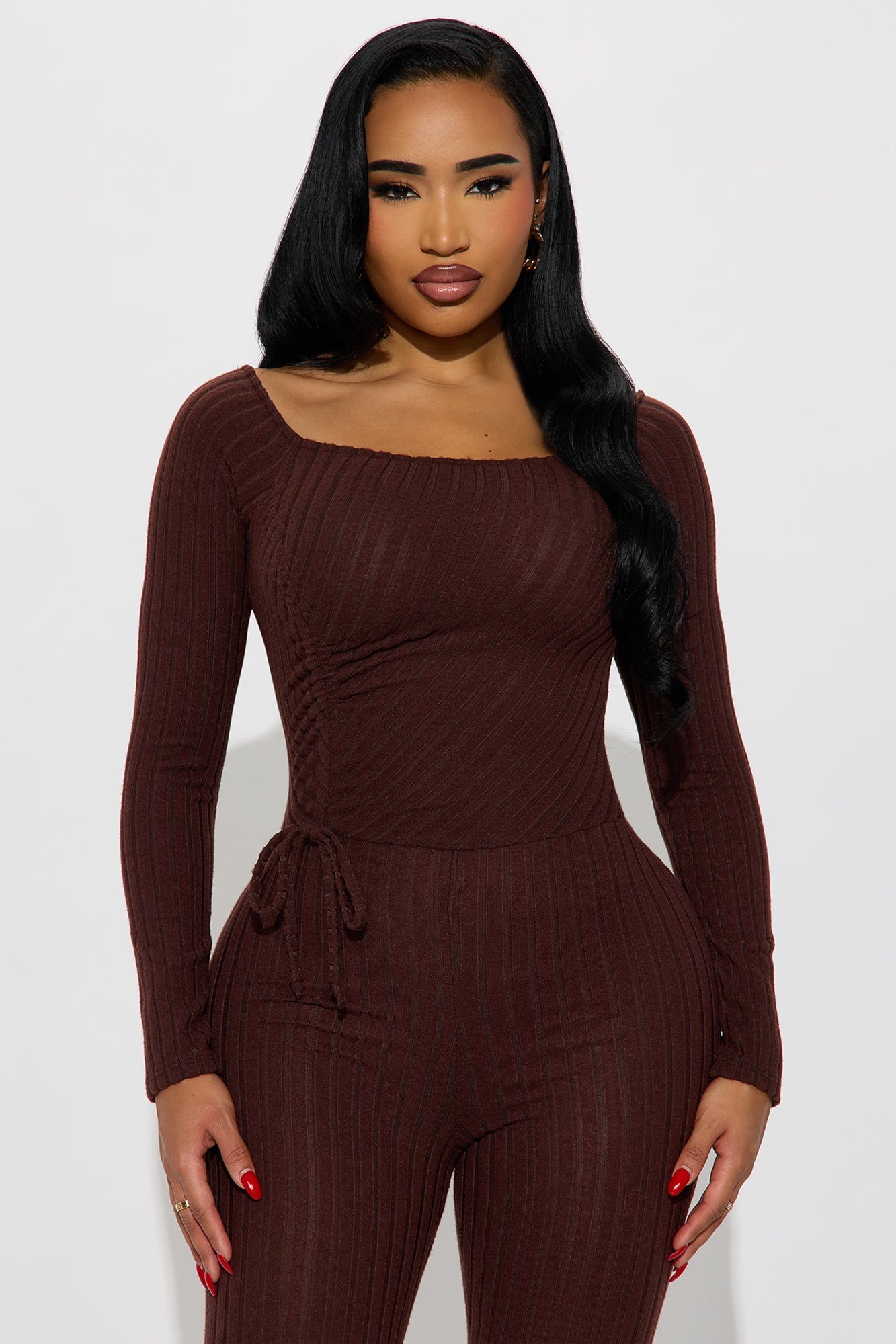 All Access Off Shoulder Flare Leg Jumpsuit - Chocolate