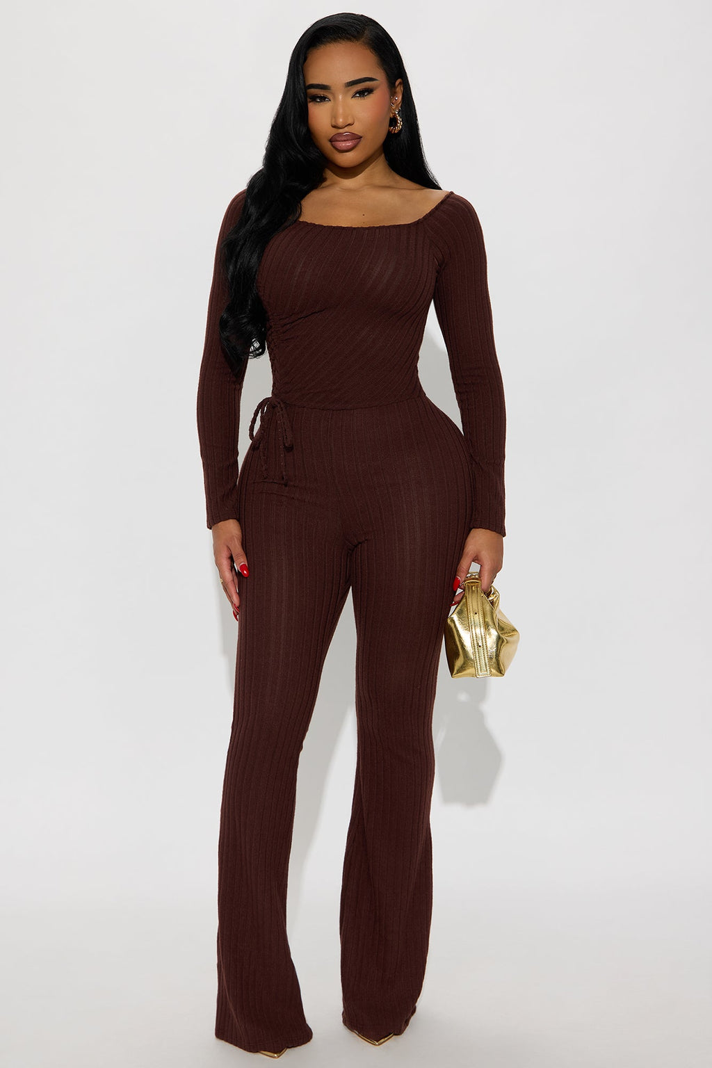 All Access Off Shoulder Flare Leg Jumpsuit - Chocolate
