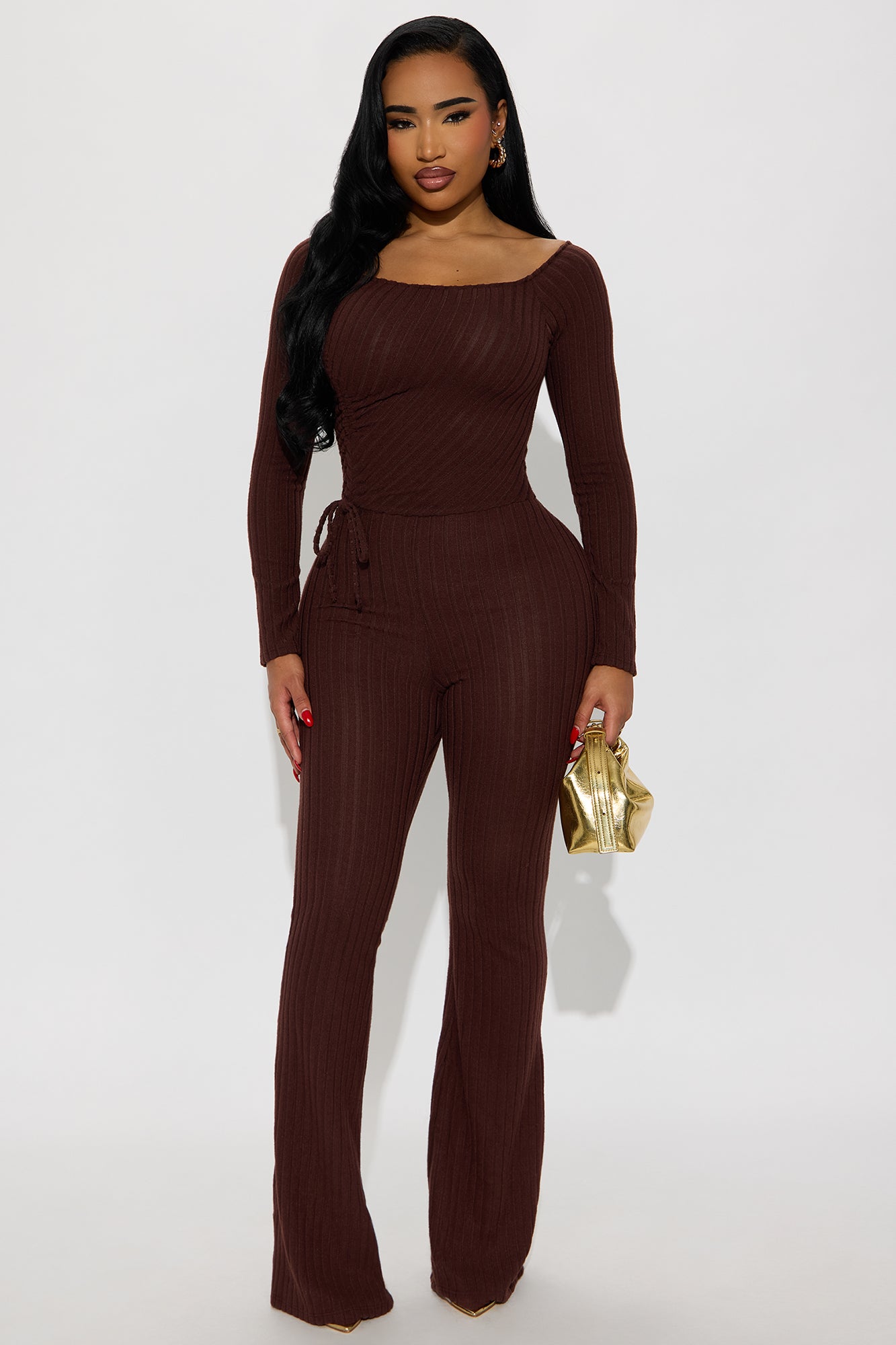 All Access Off Shoulder Flare Leg Jumpsuit - Chocolate