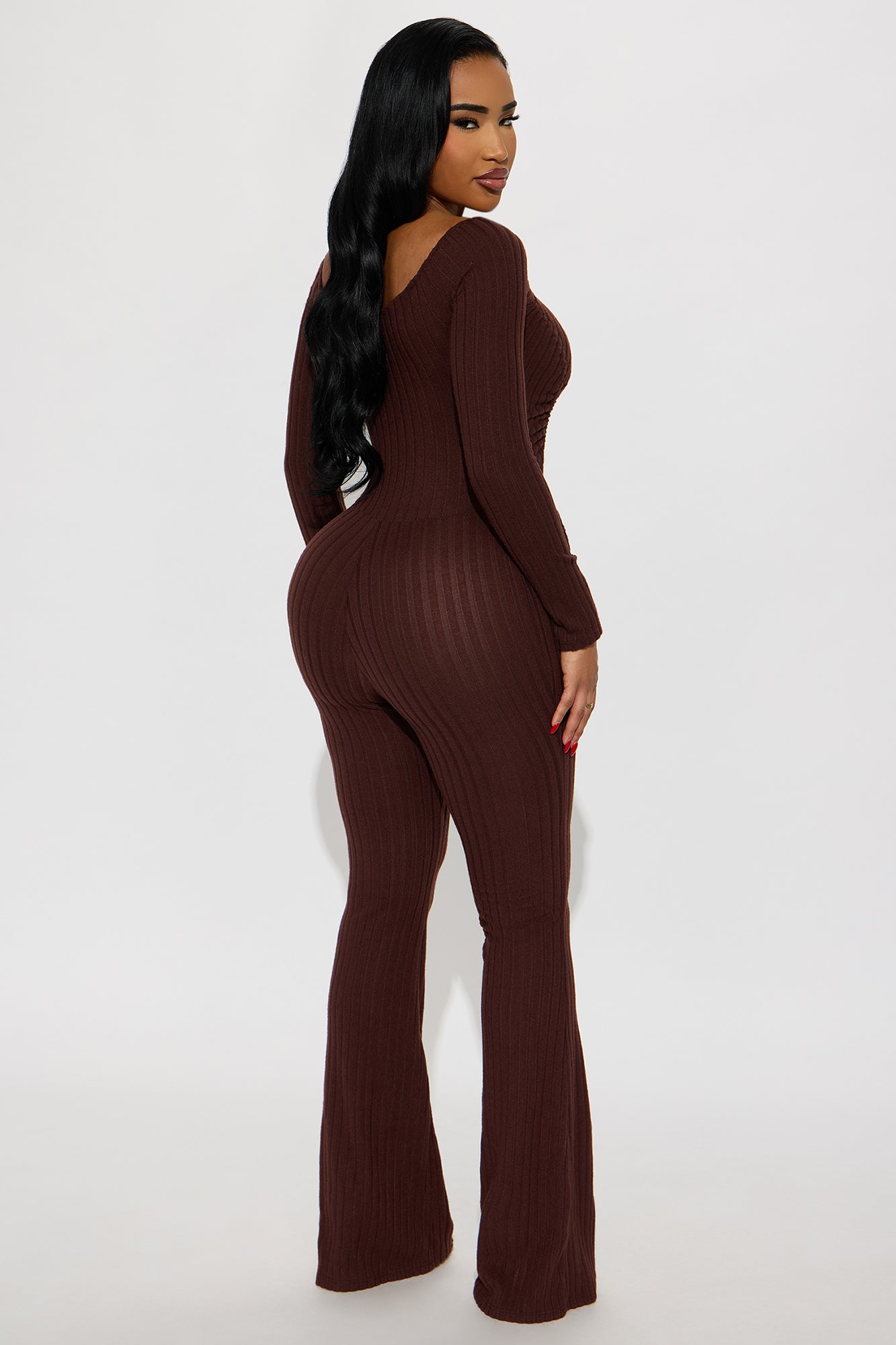 All Access Off Shoulder Flare Leg Jumpsuit - Chocolate