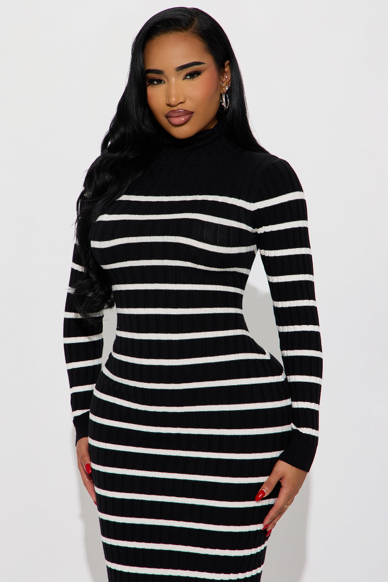 Fall In Line Striped Sweater Midi Dress - Black