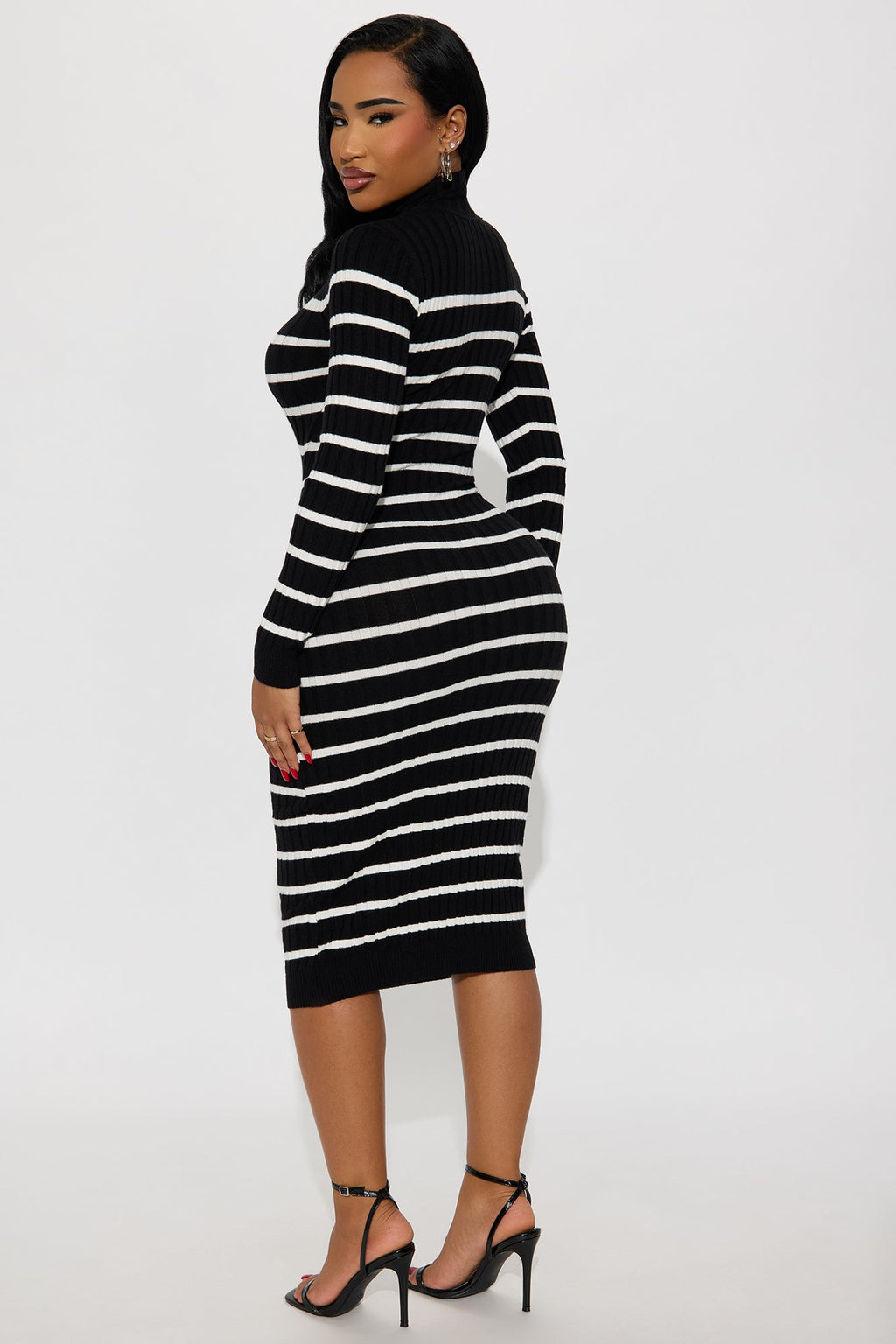 Fall In Line Striped Sweater Midi Dress - Black