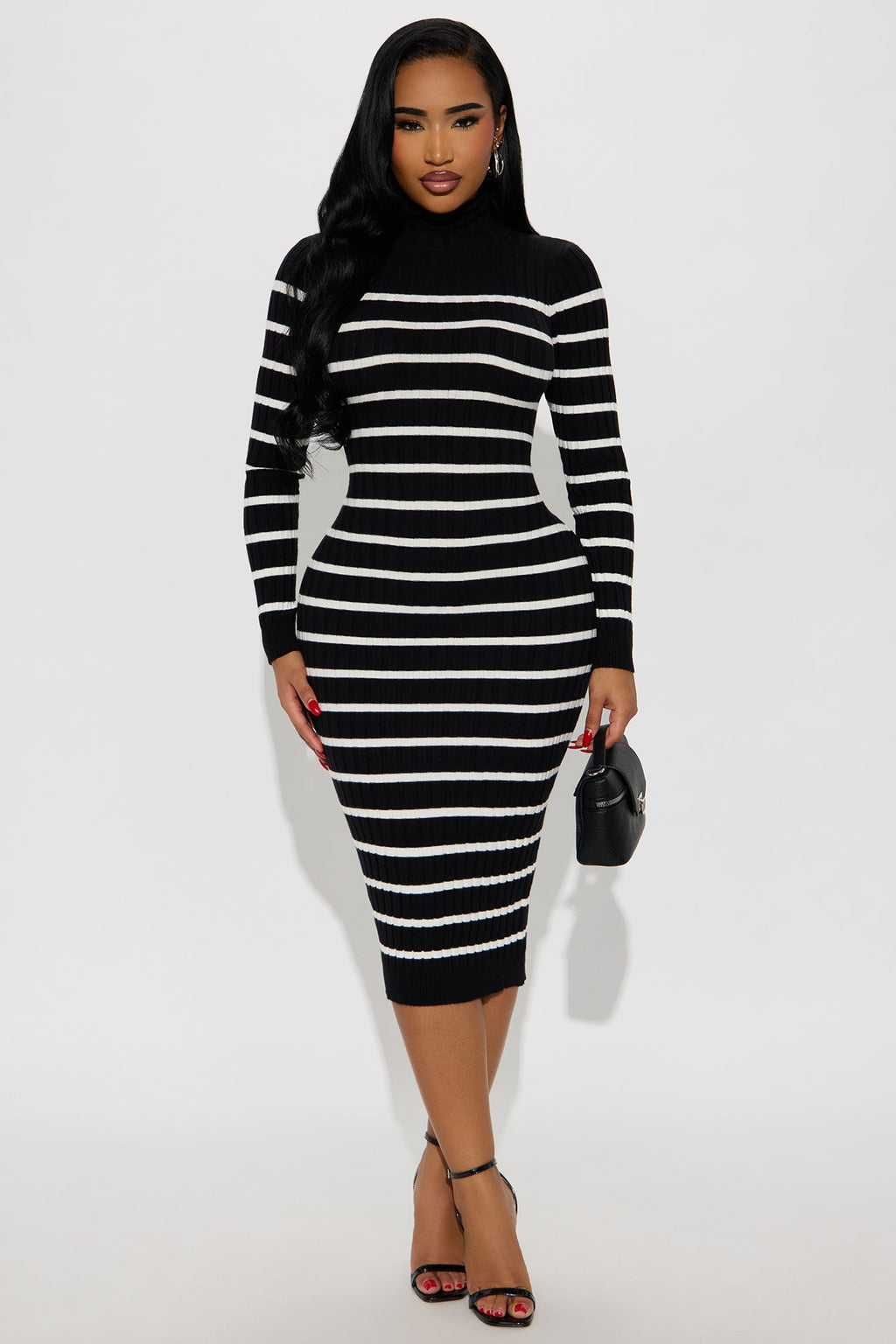 Fall In Line Striped Sweater Midi Dress - Black