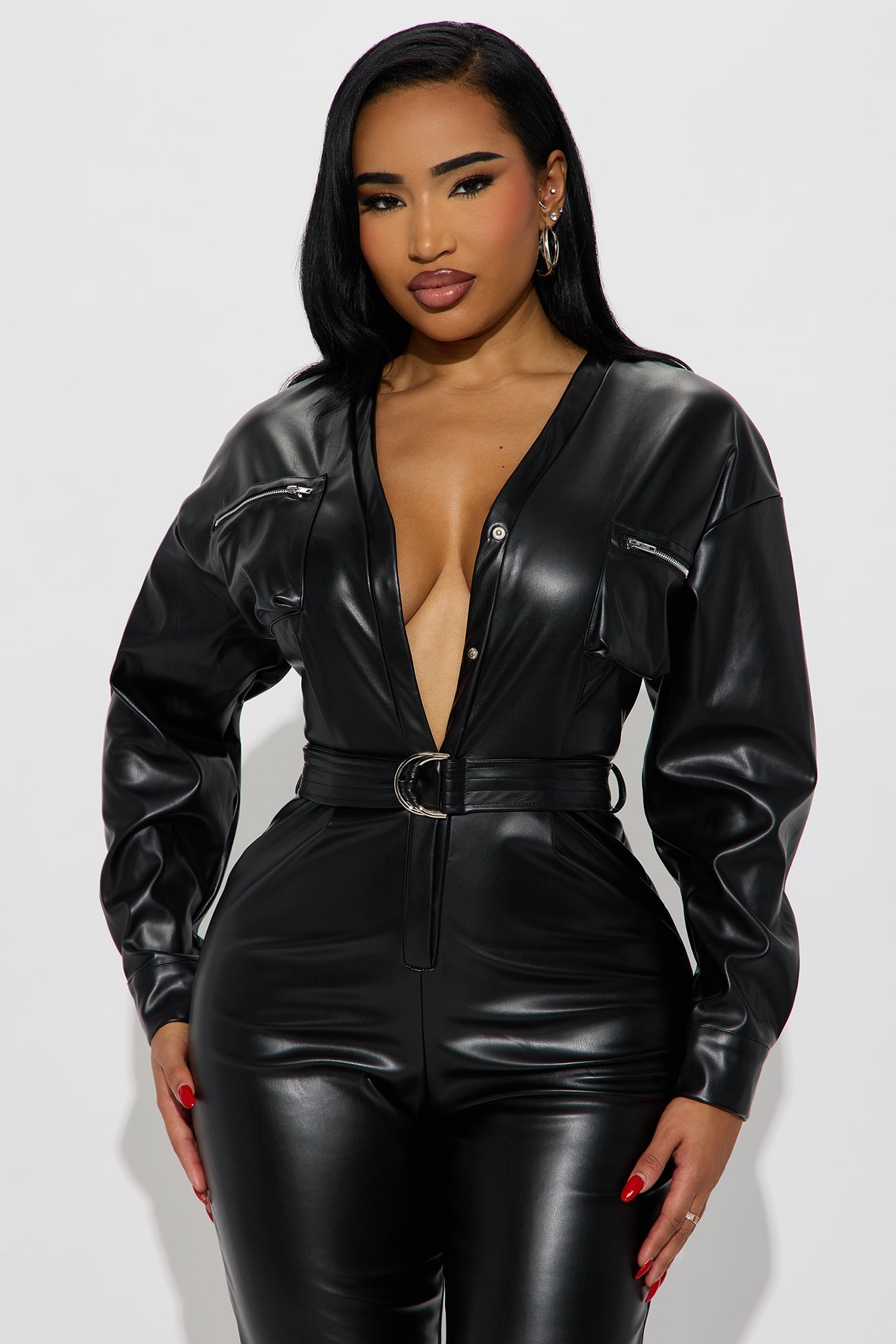 Rue Womens Faux Leather Jumpsuit - Black