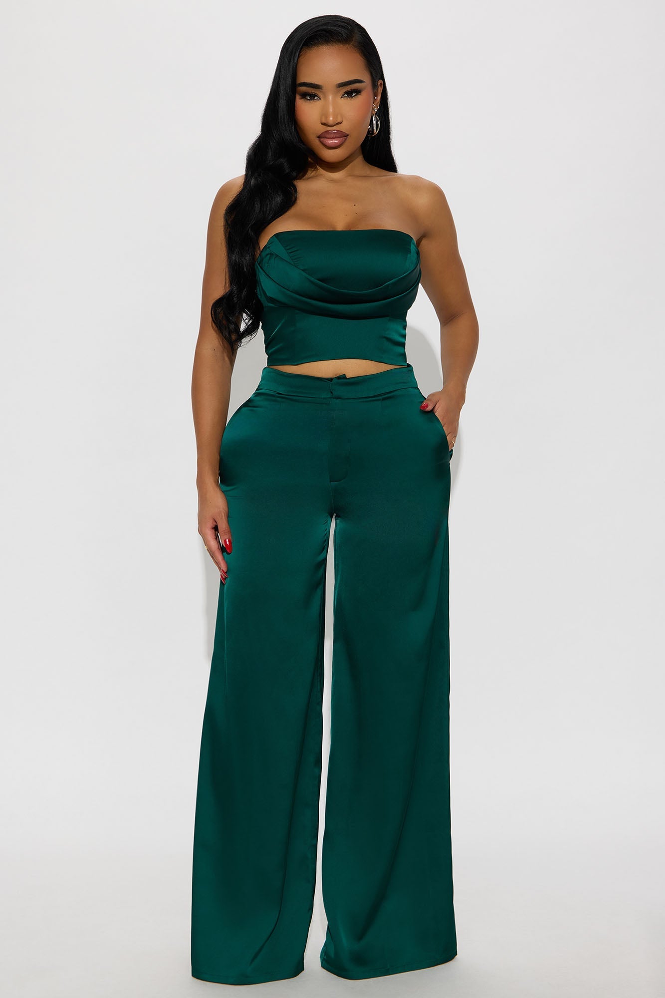 Glossy Girl Satin Corset Pant Set - Emerald