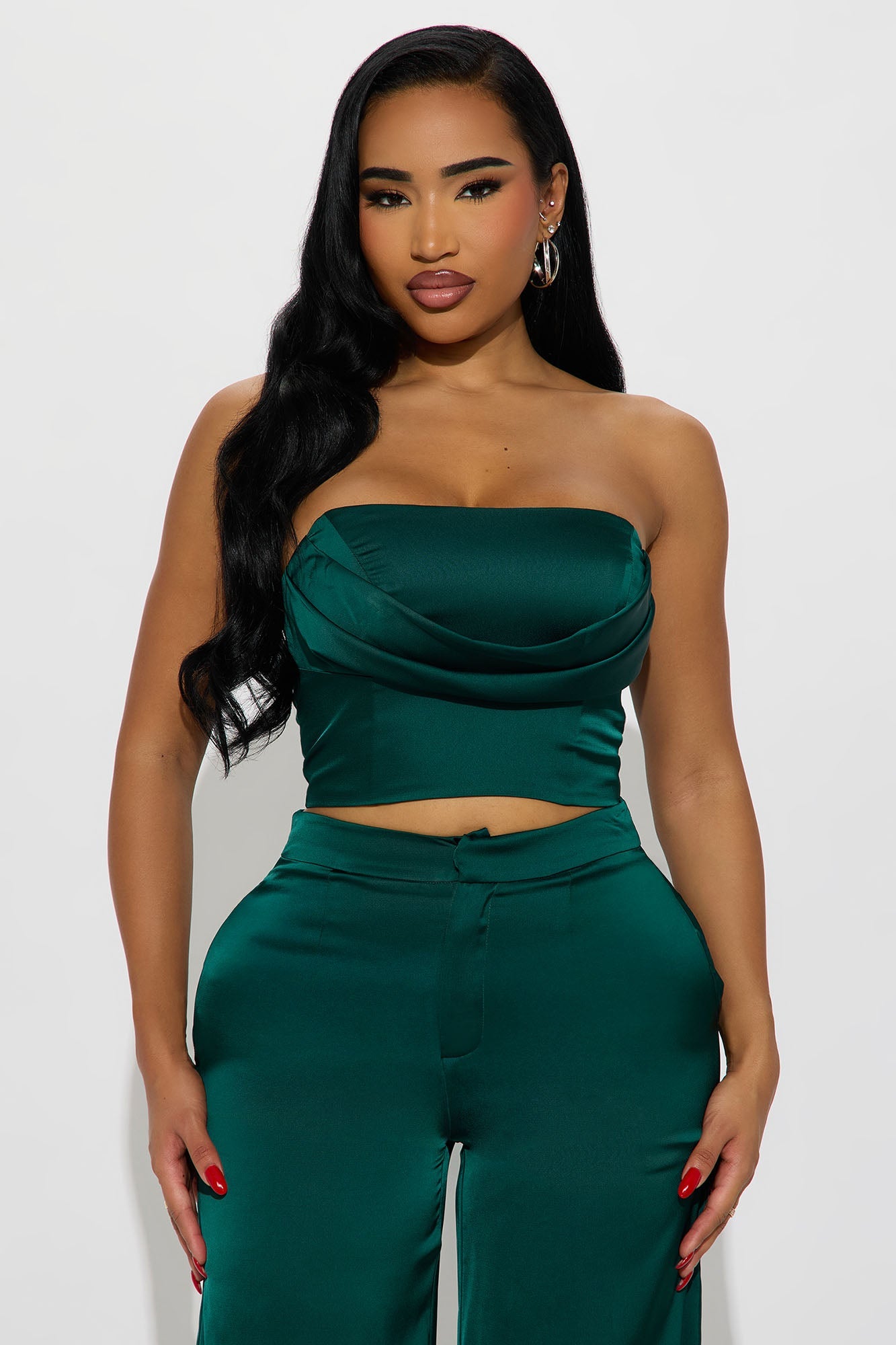 Glossy Girl Satin Corset Pant Set - Emerald