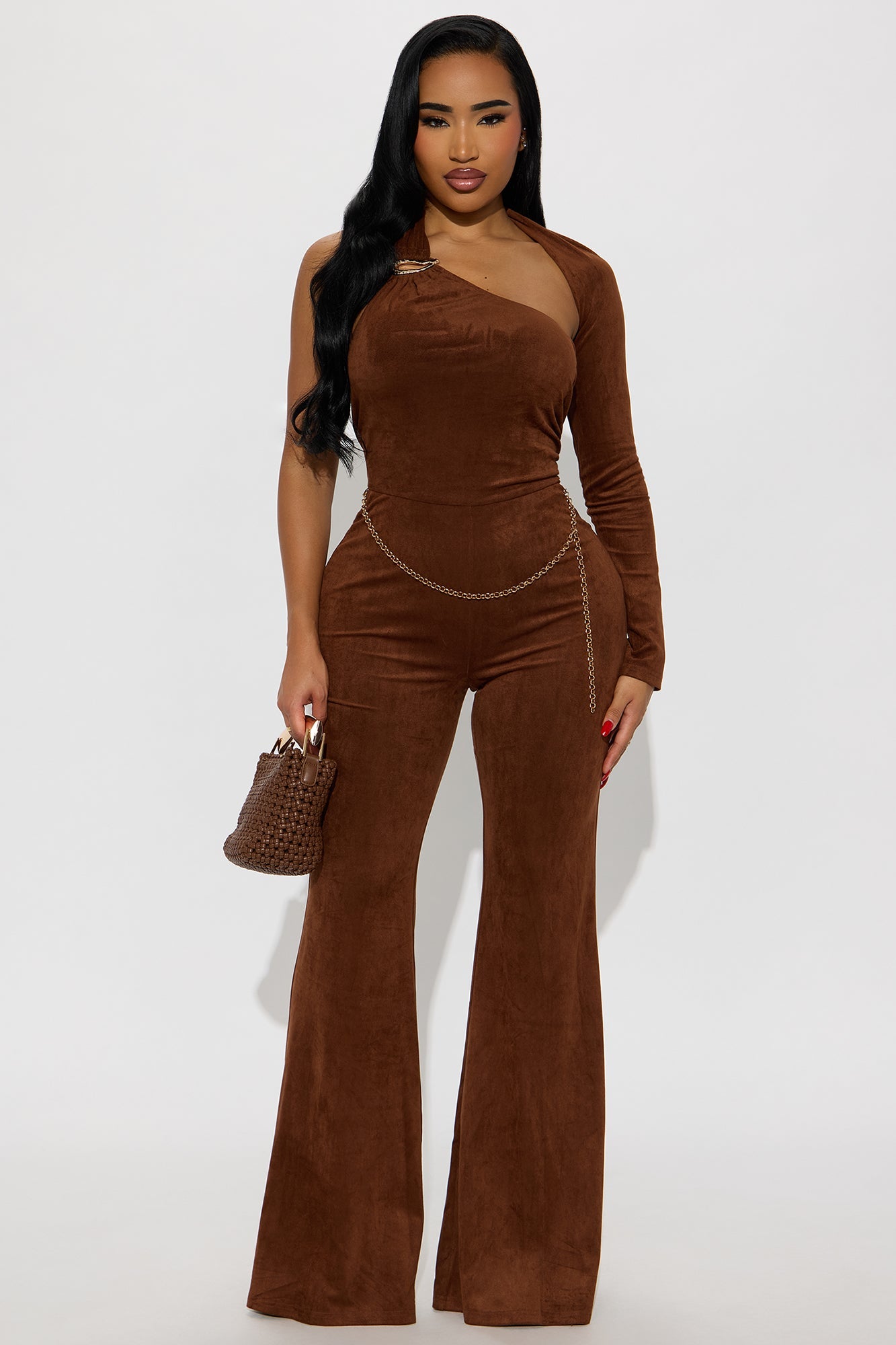 Jolene Flare Leg Faux Leather Jumpsuit - Brown