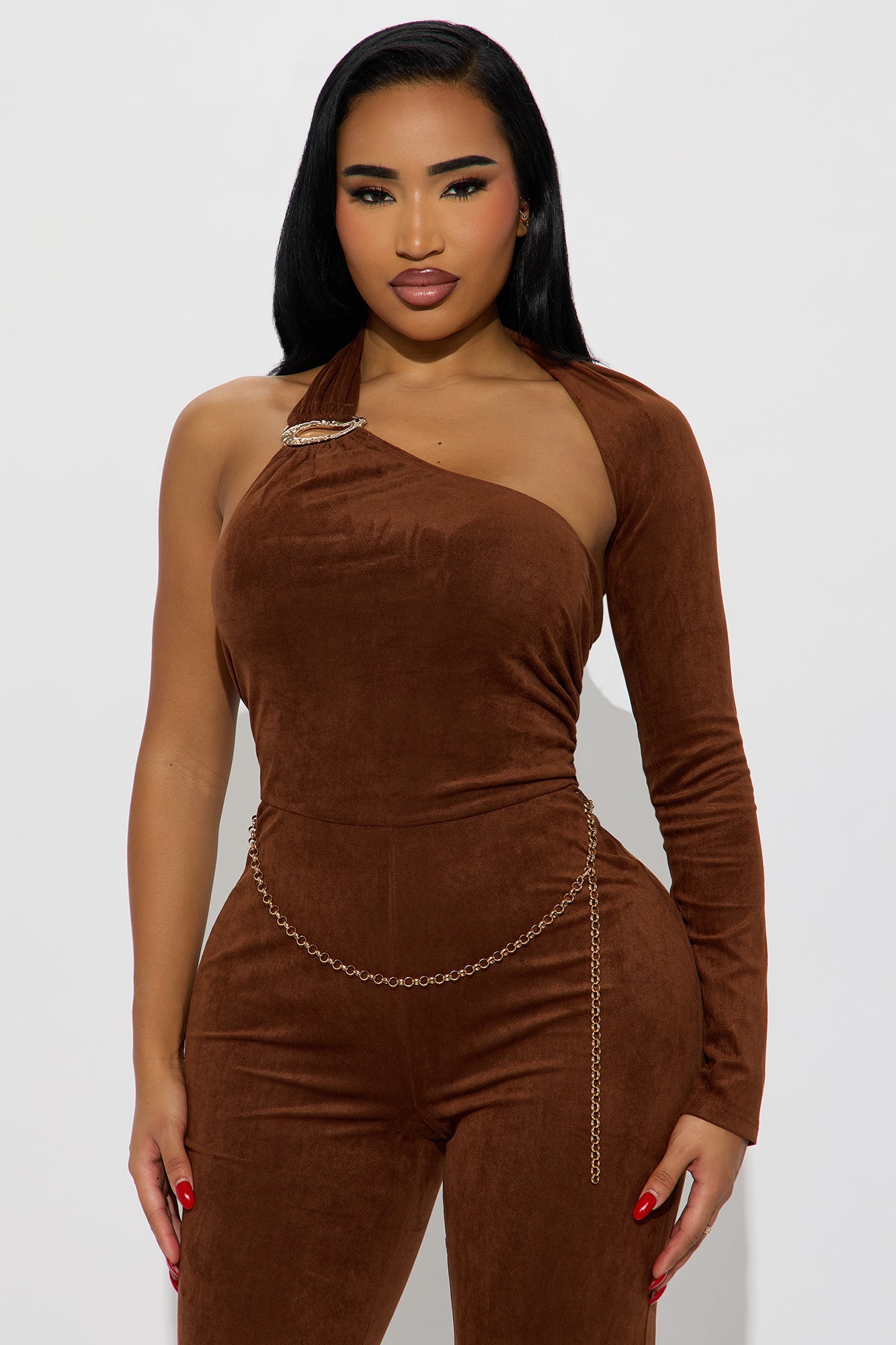 Jolene Flare Leg Faux Leather Jumpsuit - Brown