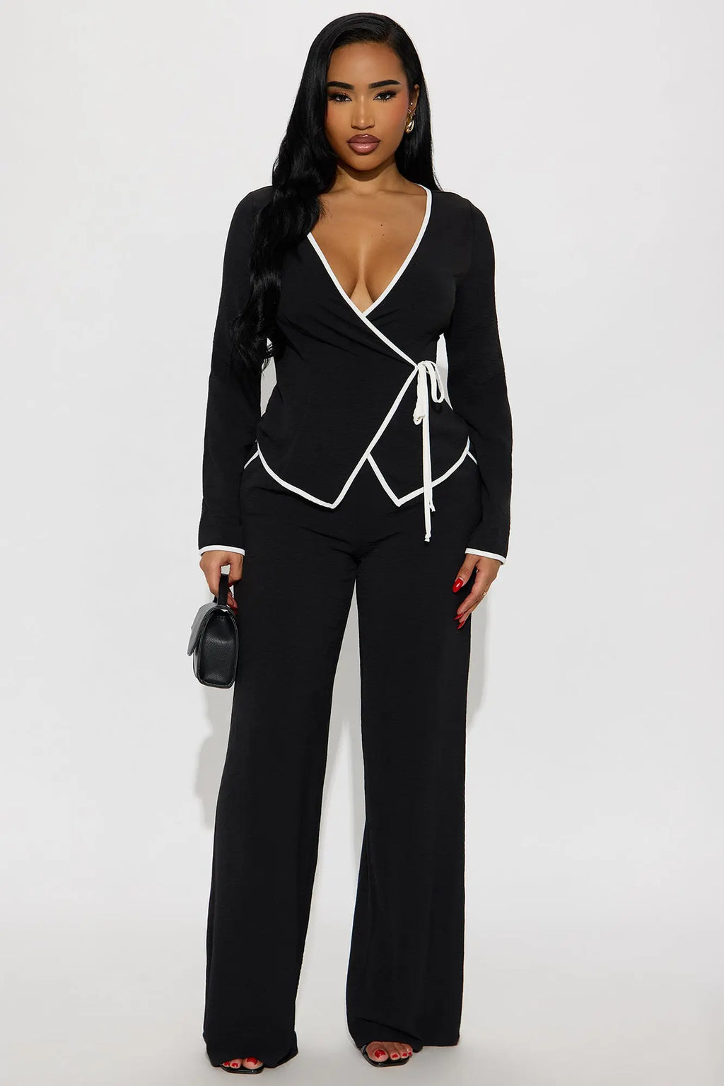 Ashanti Long Sleeve Wrap Top Pant Set - Black 