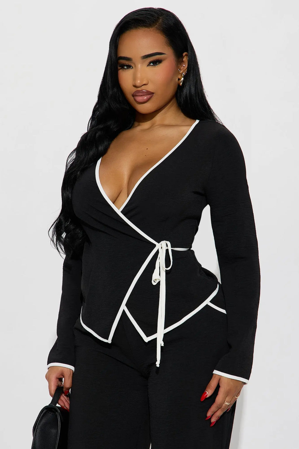 Ashanti Long Sleeve Wrap Top Pant Set - Black 