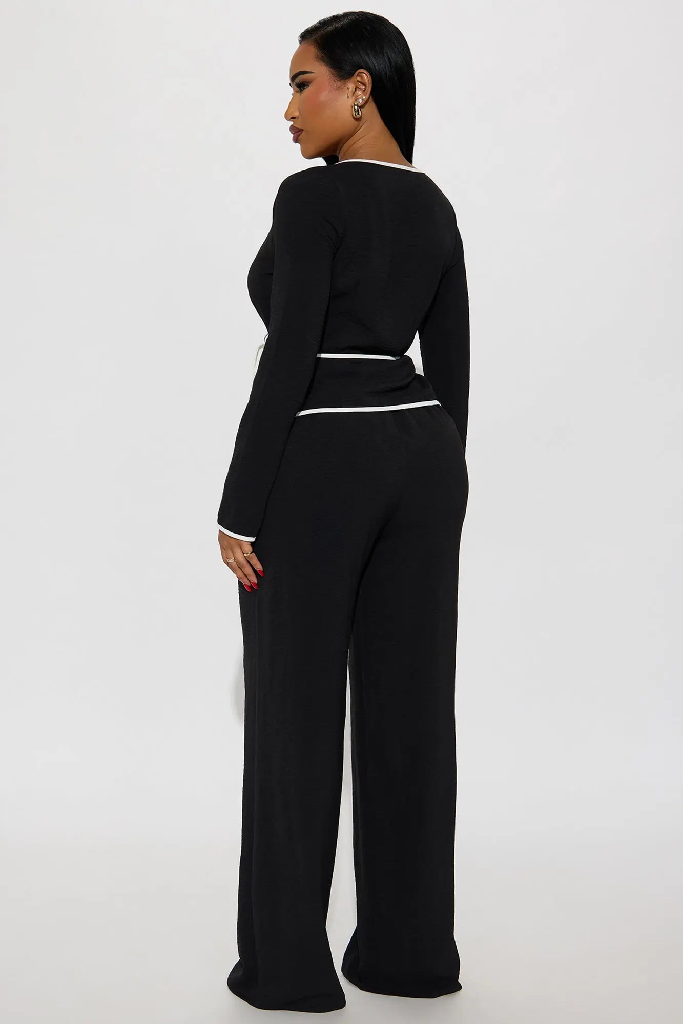 Ashanti Long Sleeve Wrap Top Pant Set - Black 