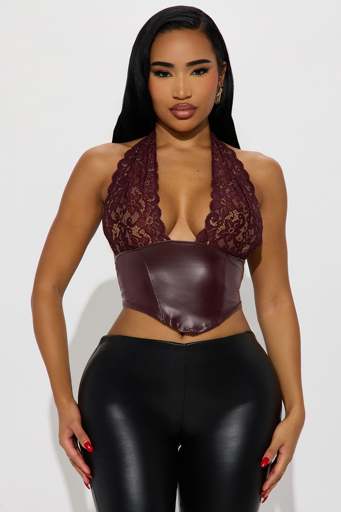 Santina Faux Leather Halter Top - Burgundy