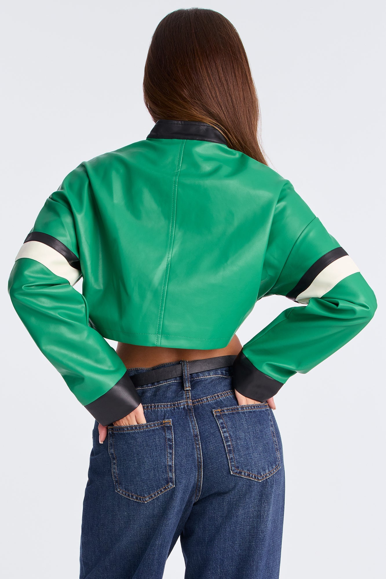 Babe Mode Activated Cropped Faux Leather Moto Jacket - Green/combo