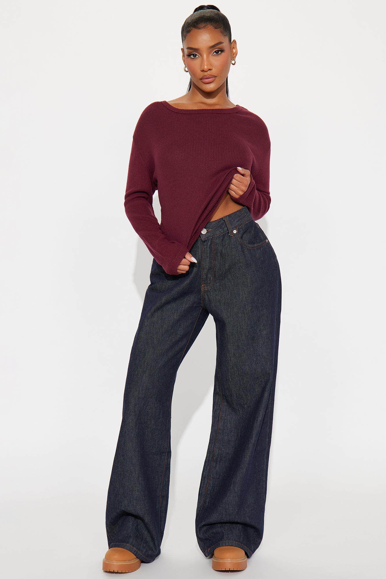 Odette Crew Neck Hacci Long Sleeve Top - Wine