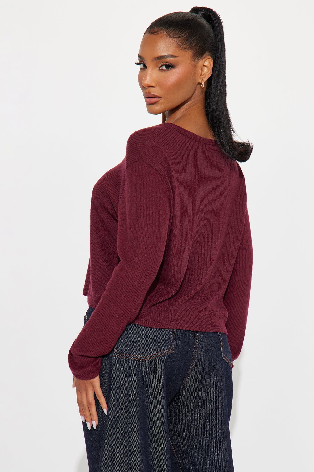 Odette Crew Neck Hacci Long Sleeve Top - Wine