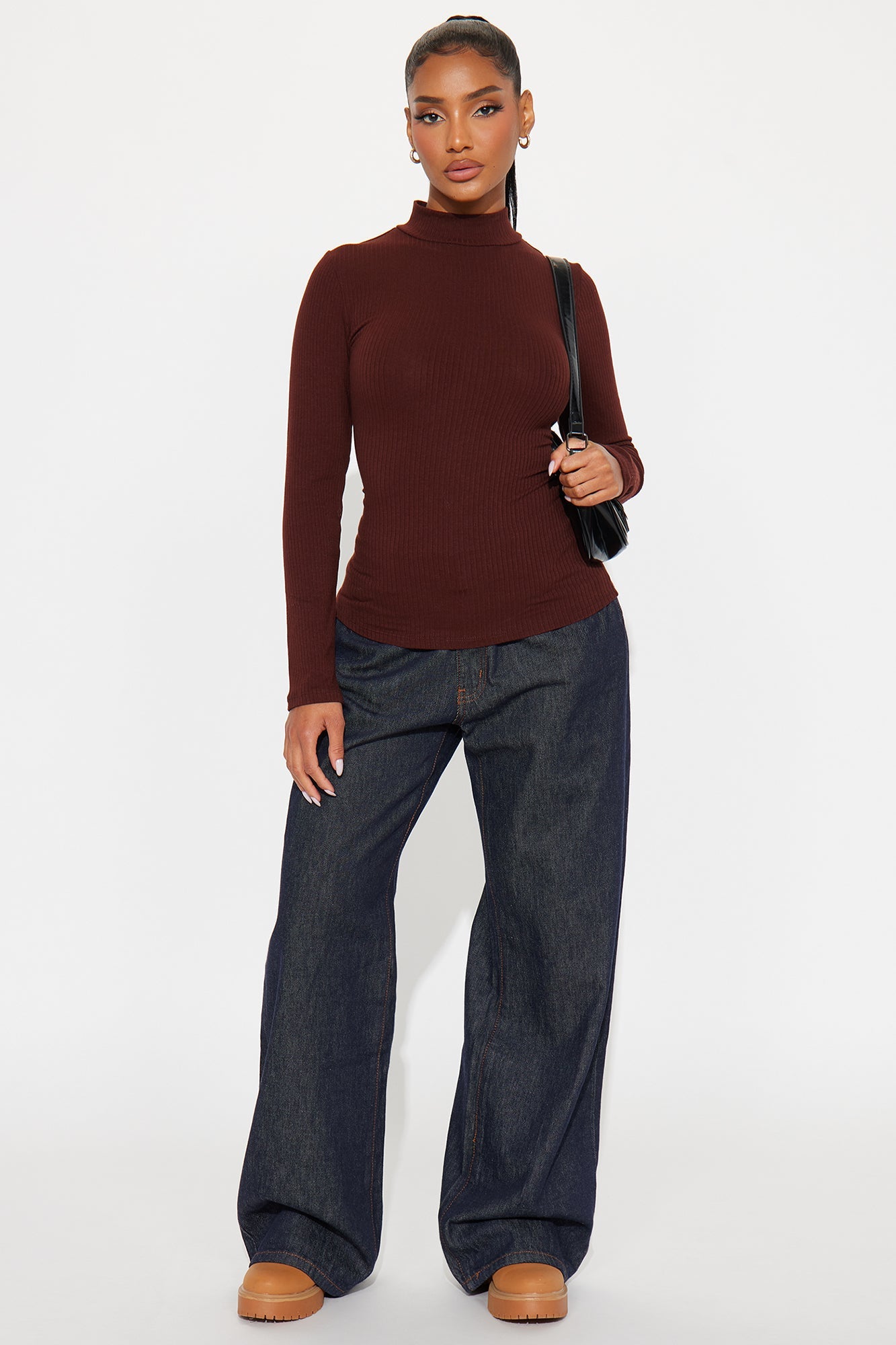 Sydney Mock Neck Ribbed Long Sleeve Top - Dark Brown
