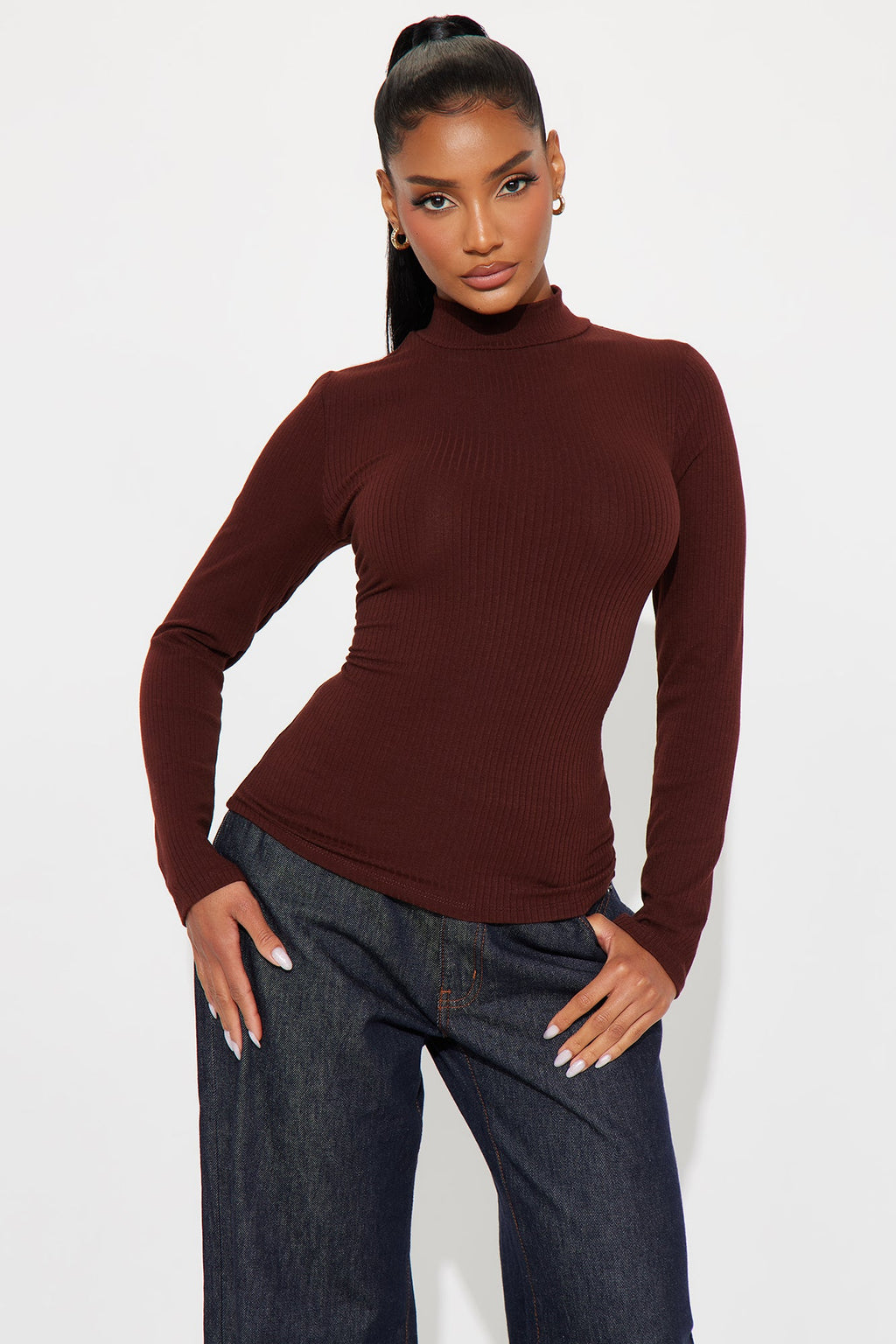 Sydney Mock Neck Ribbed Long Sleeve Top - Dark Brown