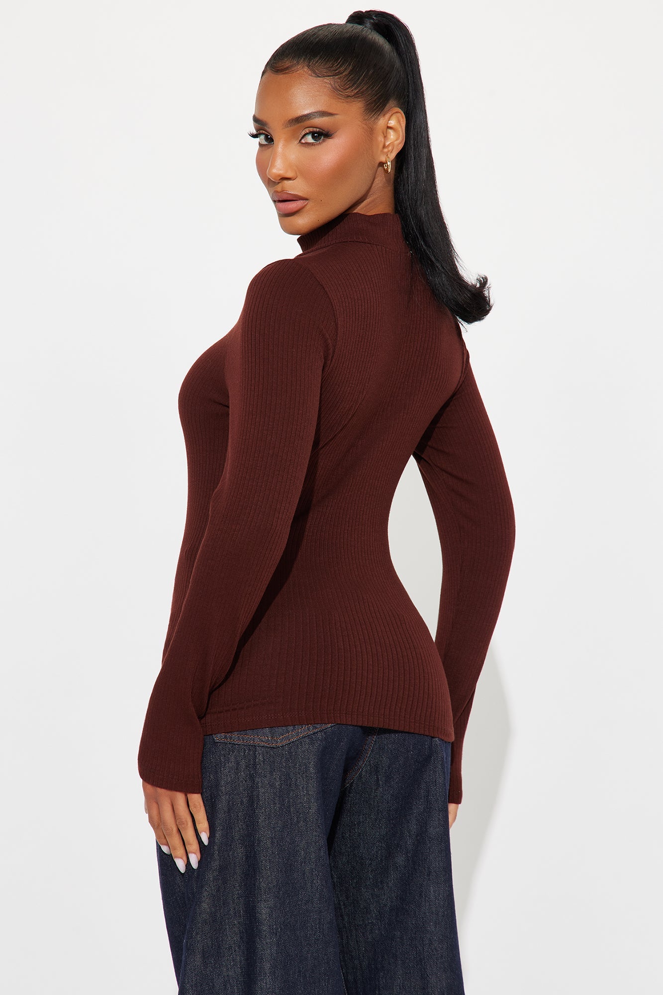 Sydney Mock Neck Ribbed Long Sleeve Top - Dark Brown