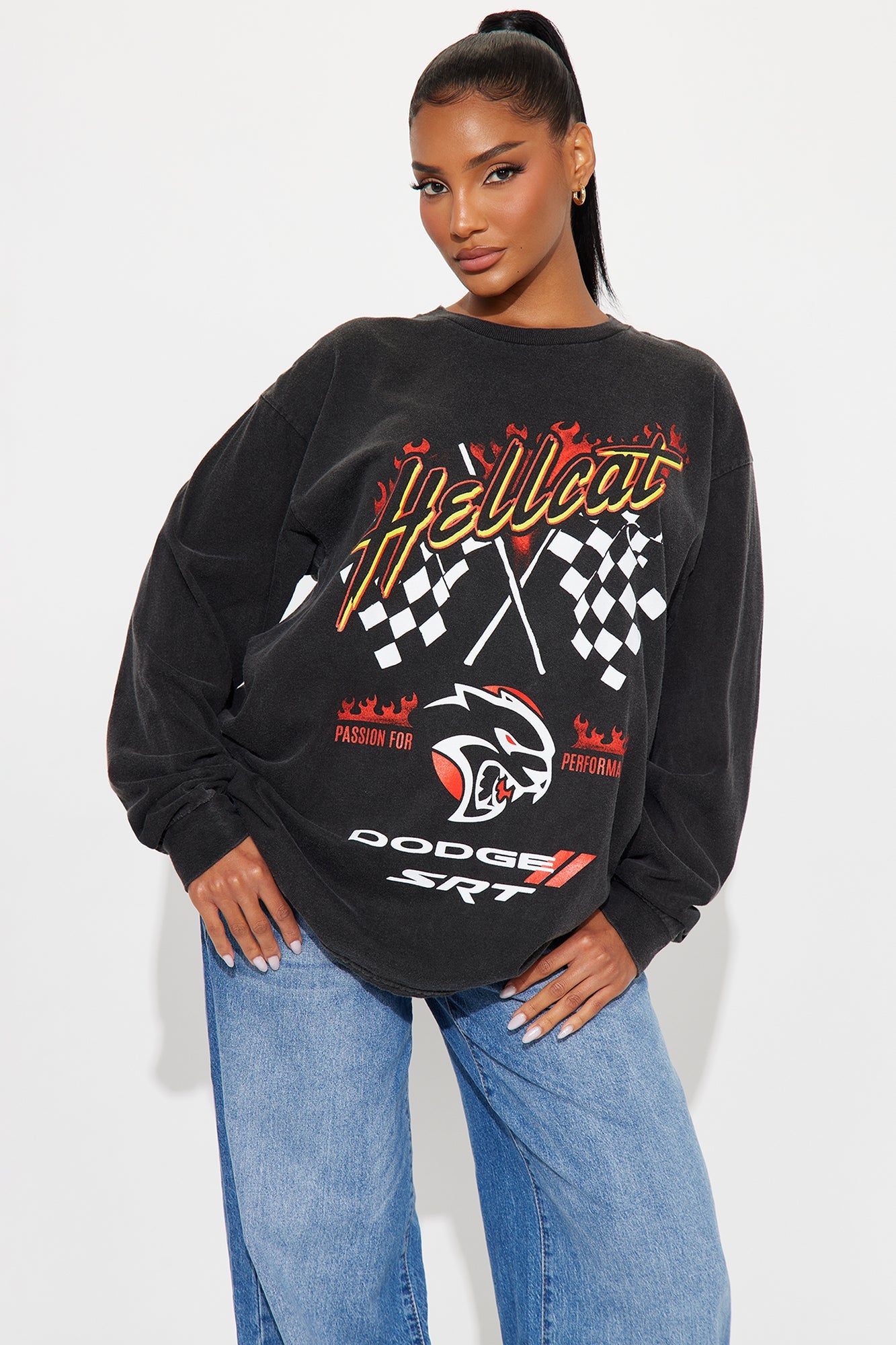 Dodge Hellcat Washed Long Sleeve Tee - Black