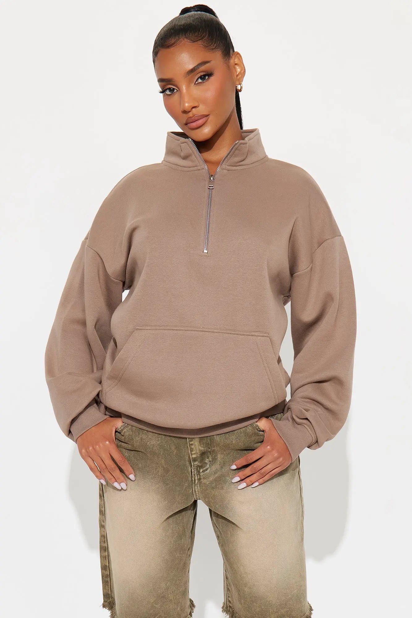 Stole My Ex Boyfriend's Oversized Quarter Zip Sweatshirt - Mocha 