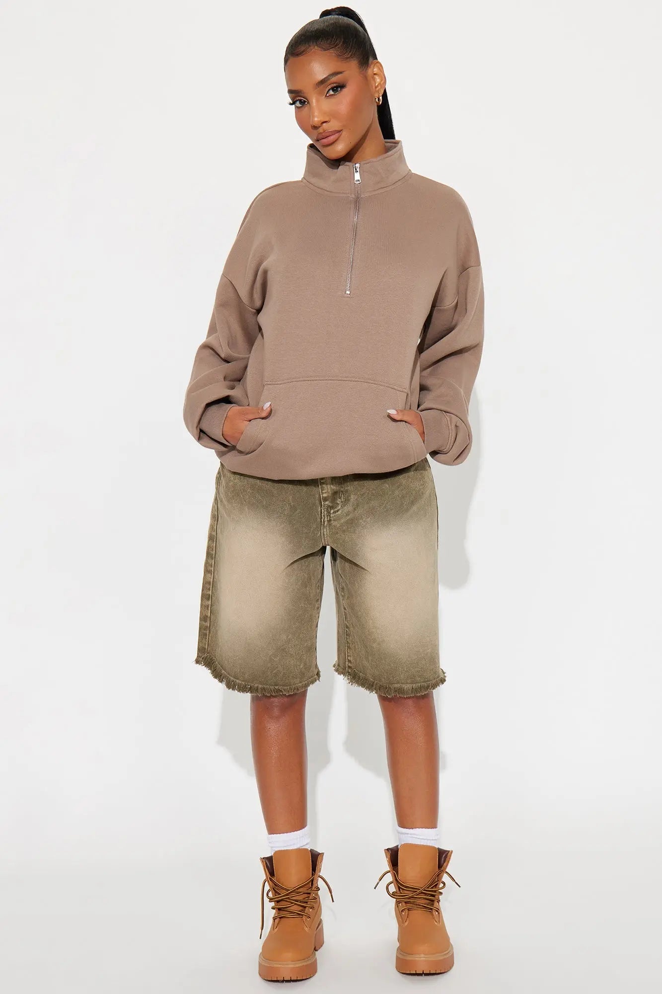 Stole My Ex Boyfriend's Oversized Quarter Zip Sweatshirt - Mocha 