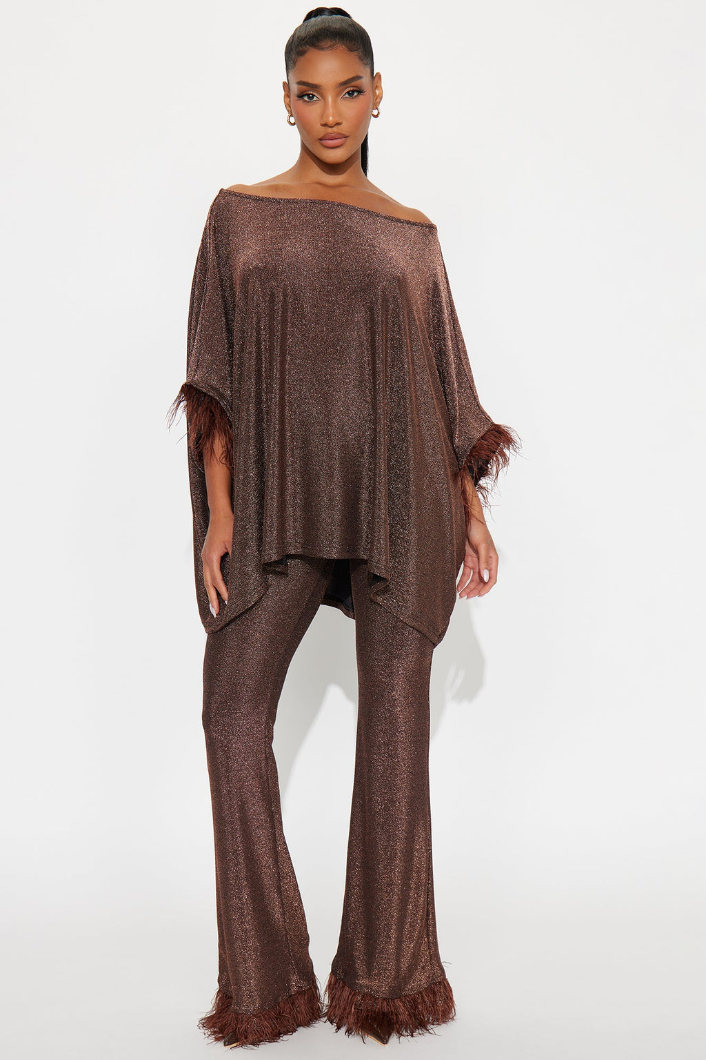 Jazelle Metallic Knit Feather Trim Pant Set  - Chocolate