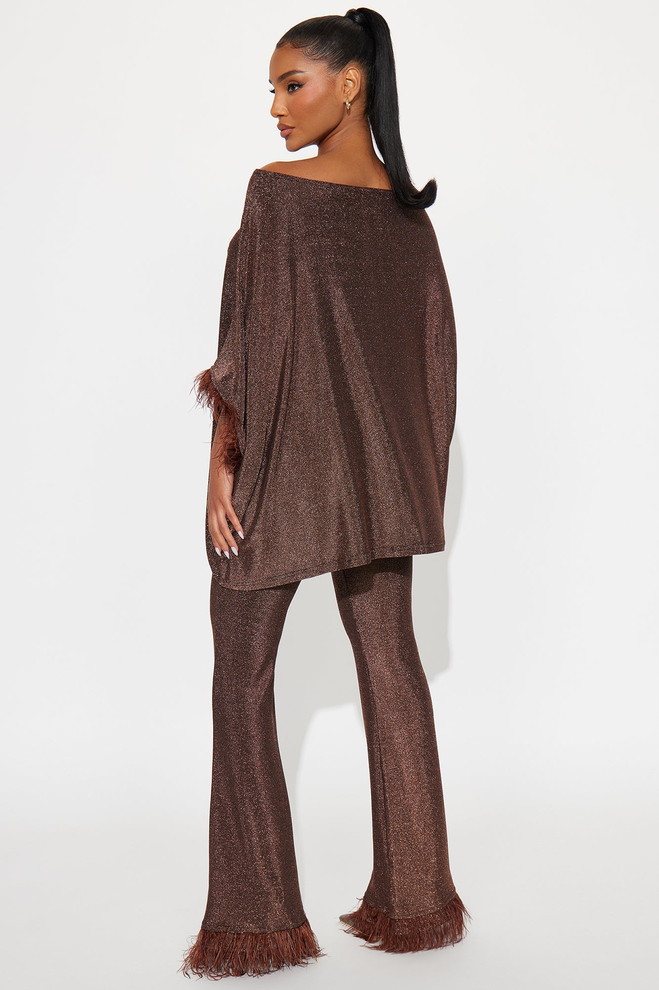 Jazelle Metallic Knit Feather Trim Pant Set  - Chocolate