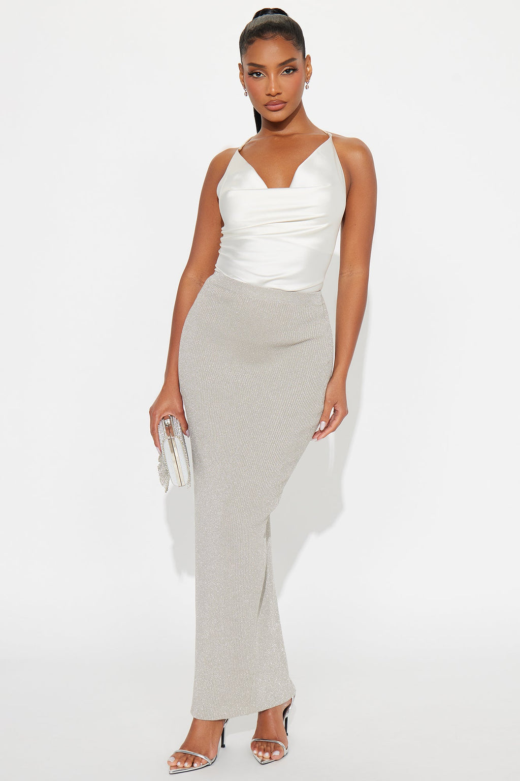 All That Glitters Ribbed Maxi Skirt - Silver