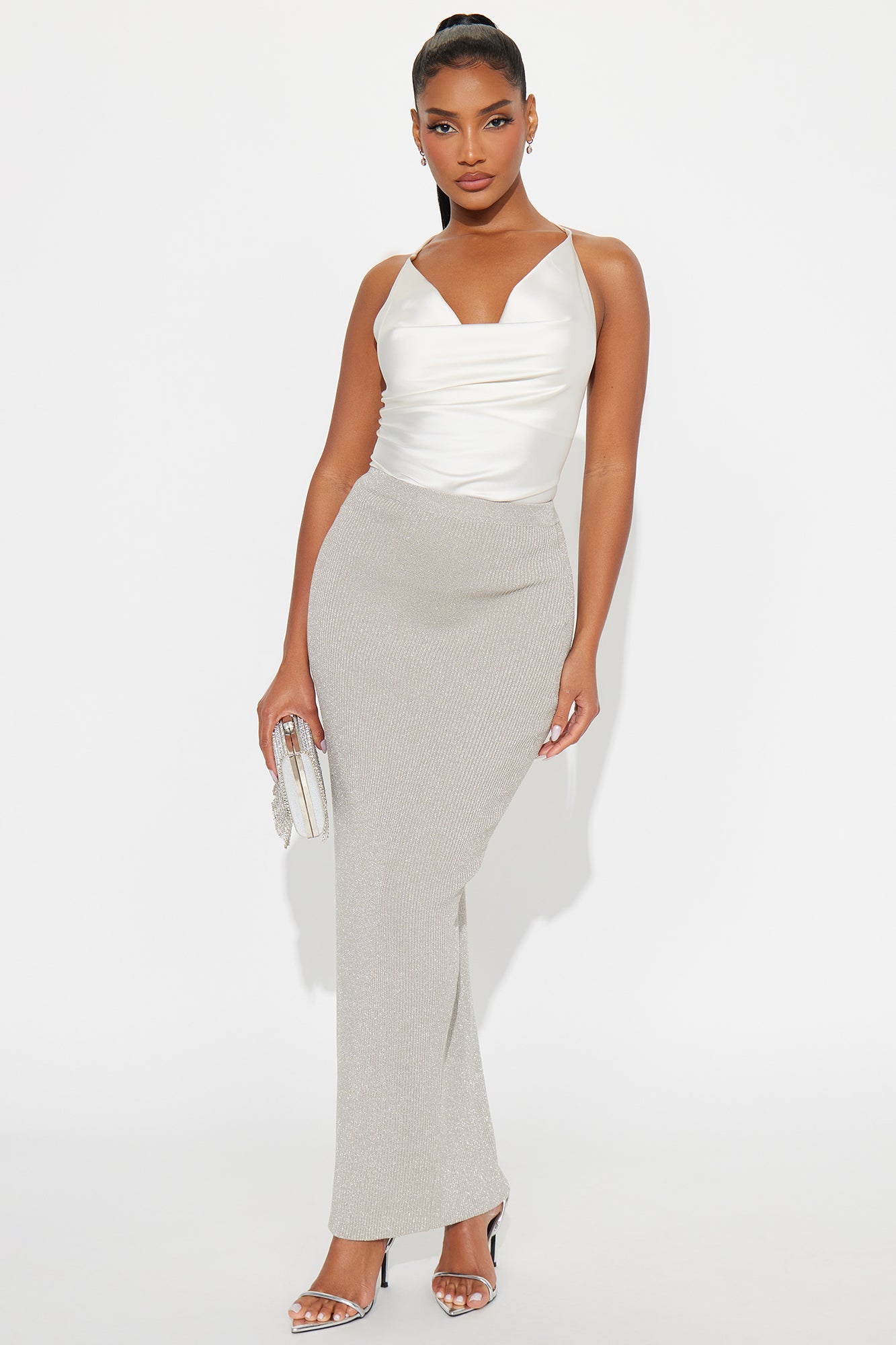 All That Glitters Ribbed Maxi Skirt - Silver