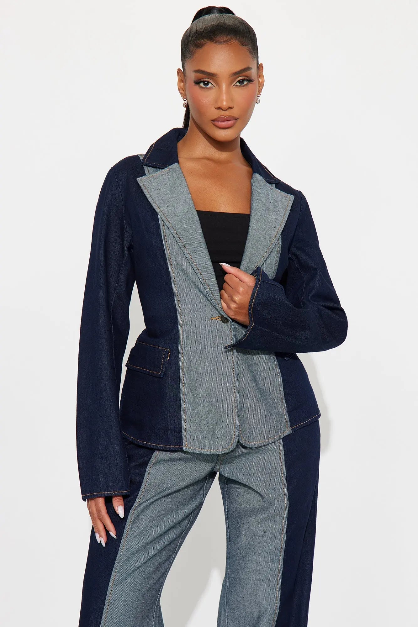 Split Decisions Denim Blazer Pant Set - Dark Denim 