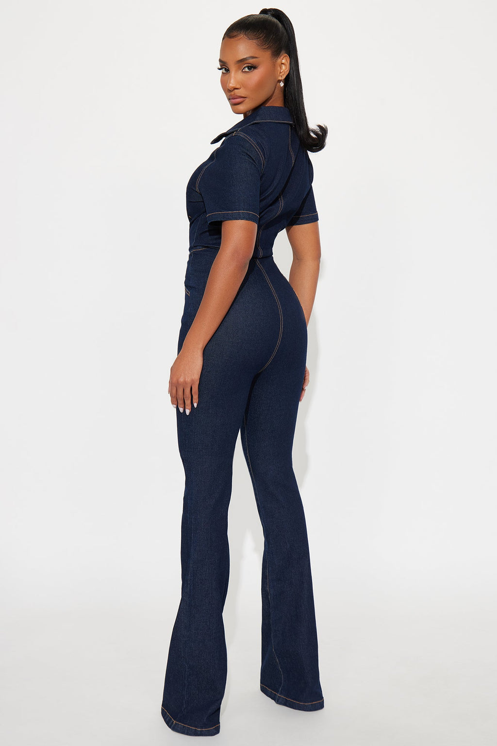 Stephanie Denim Flare Leg Jumpsuit - Dark Denim