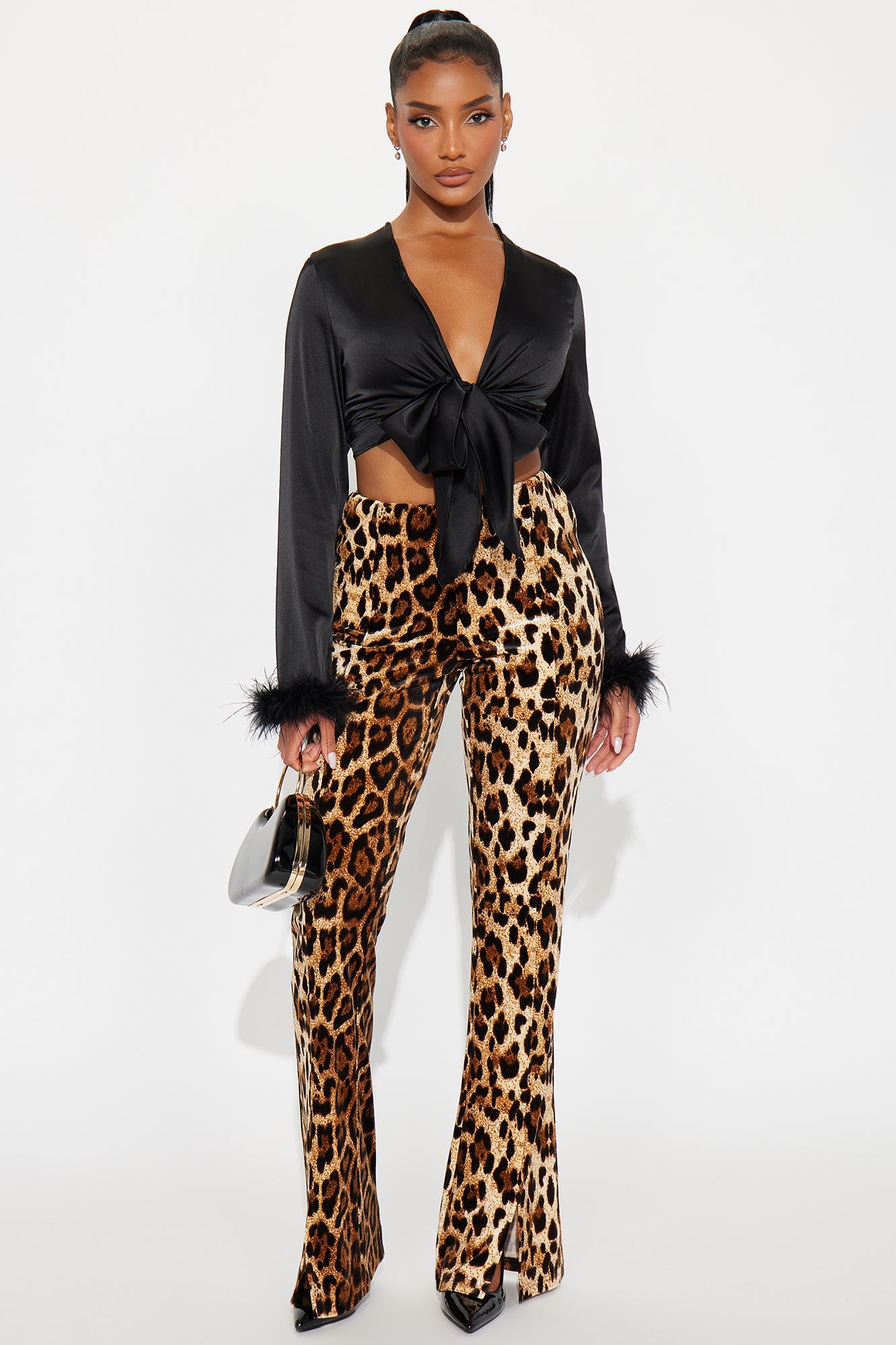 Knot Your Babe Feather Satin Blouse - Black