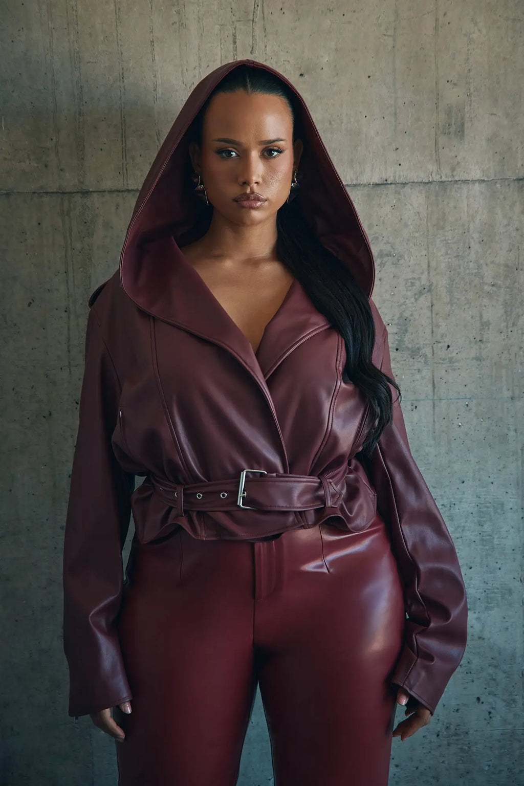 Rebel Hooded Faux Leather Moto Jacket - Burgundy 