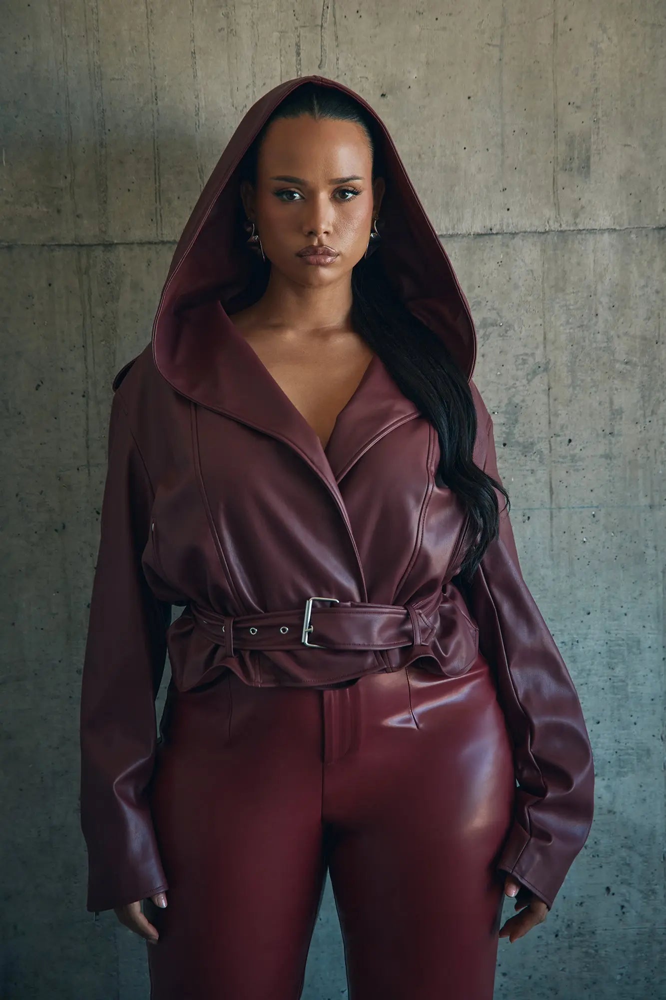 Rebel Hooded Faux Leather Moto Jacket - Burgundy 