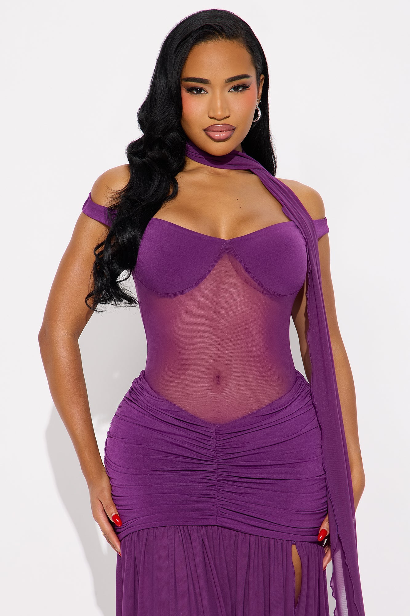Naiya Off Shoulder Ruched Gown - Plum