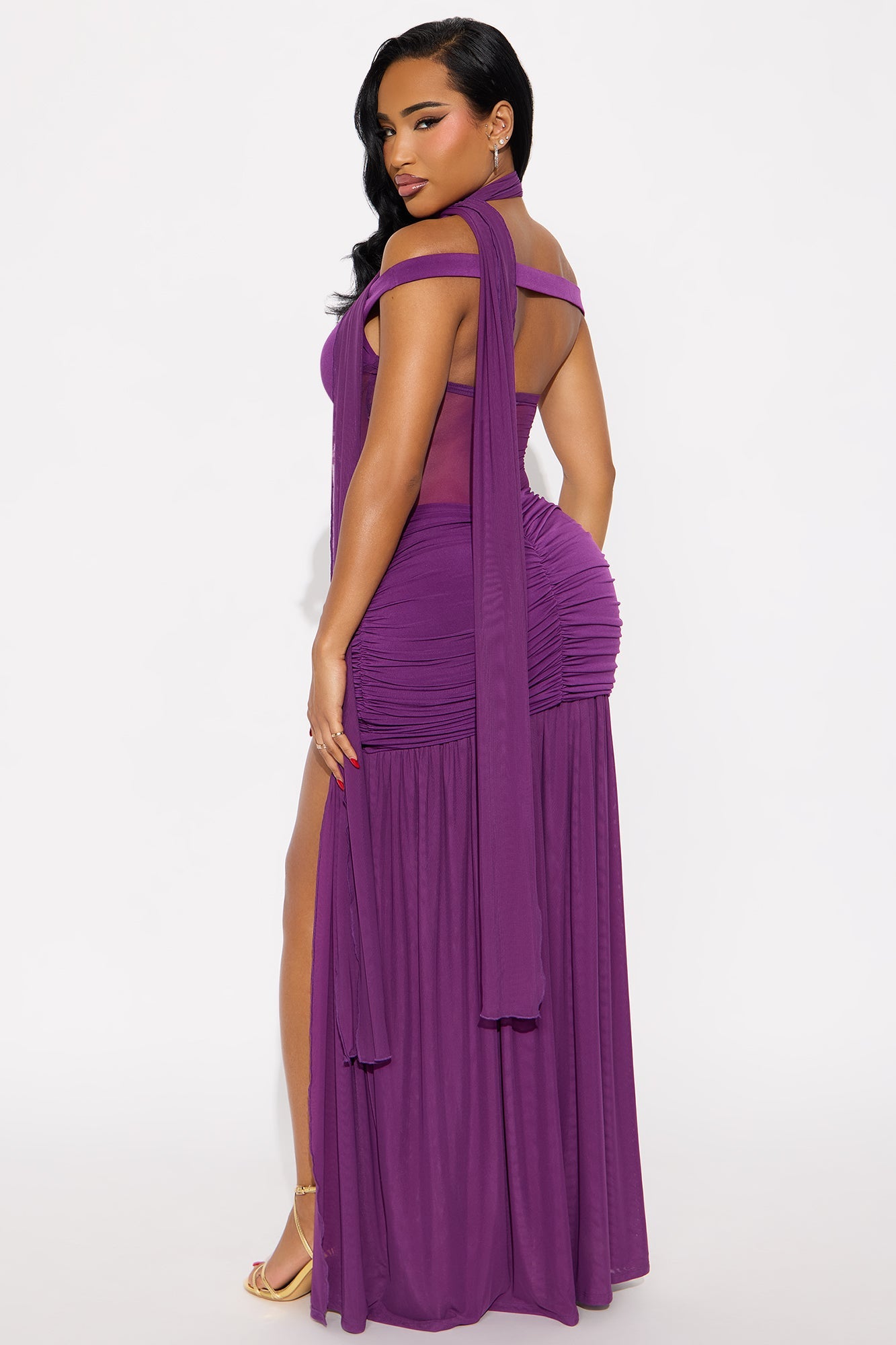 Naiya Off Shoulder Ruched Gown - Plum
