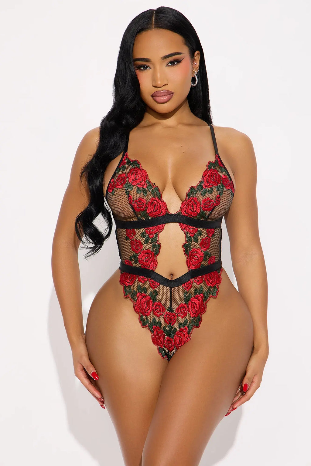 Ravenous Rose Mesh Embroidered Teddy - Black/Red 