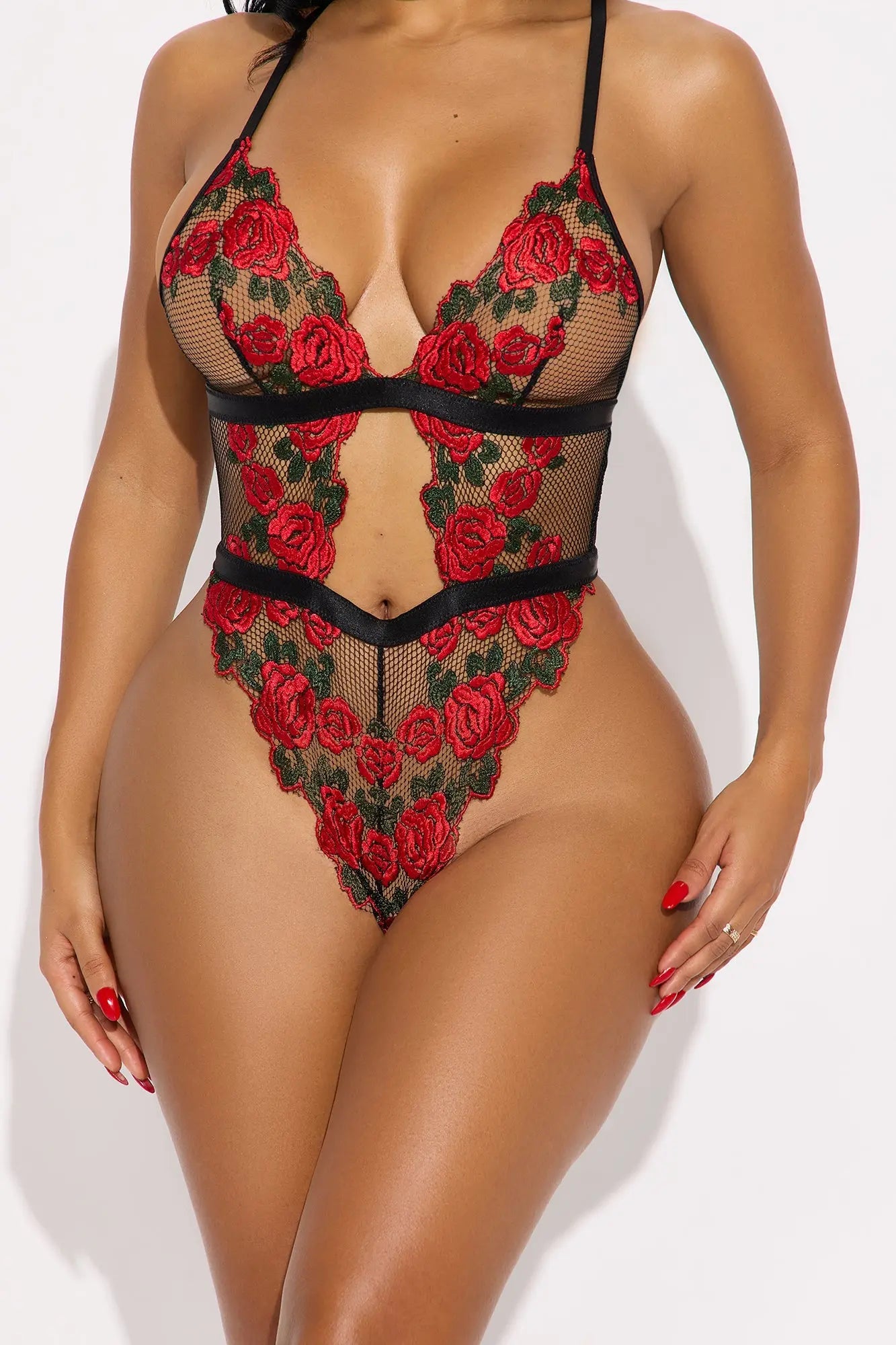 Ravenous Rose Mesh Embroidered Teddy - Black/Red 
