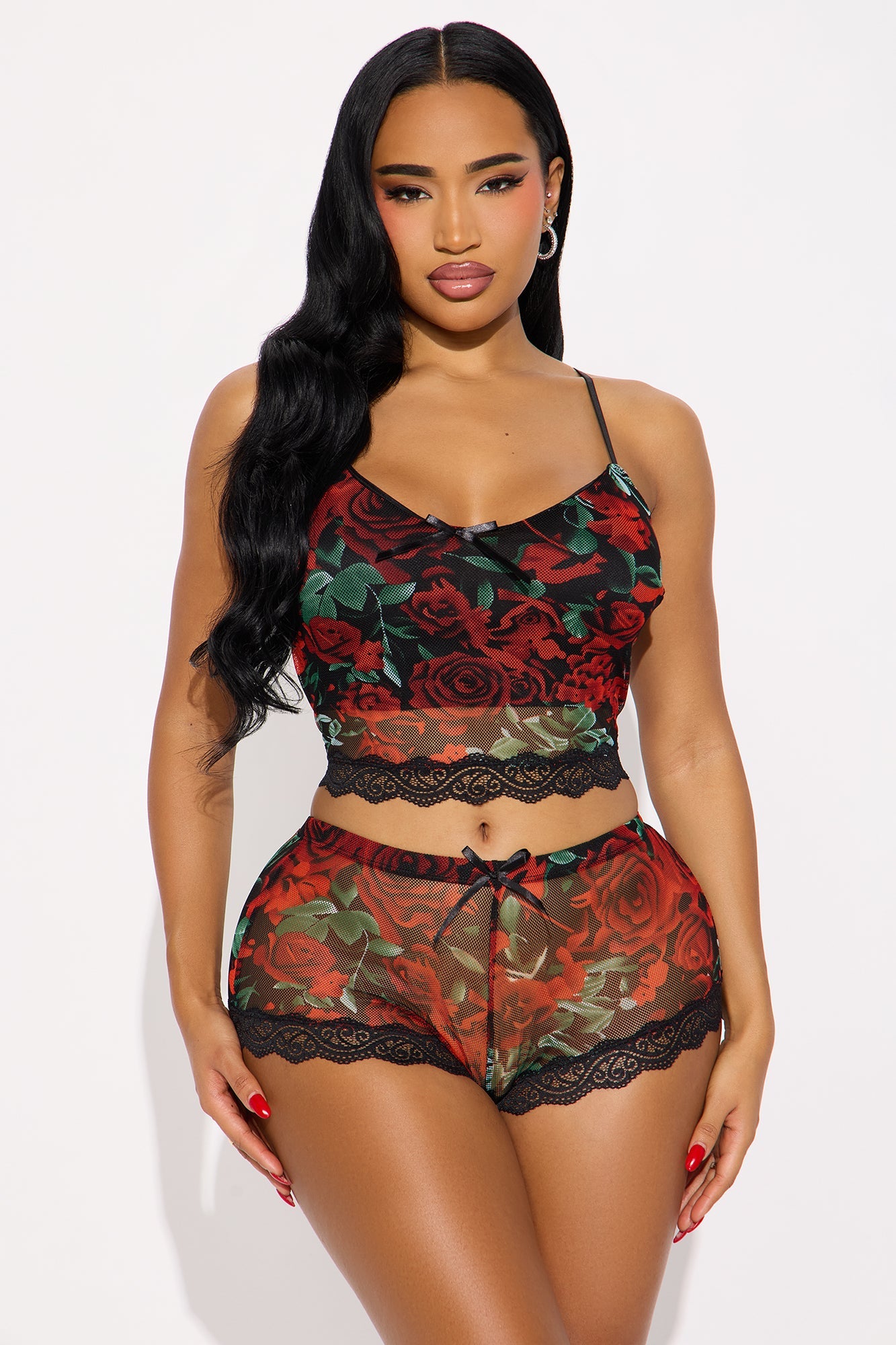 Romantic Nights Lace Floral Cami Boyshort 2 Piece Set - Red/Black
