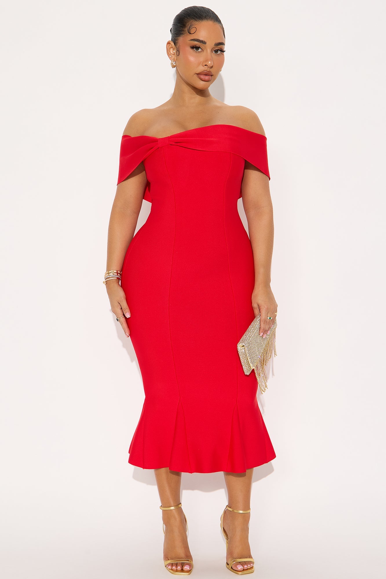 Brenda Mermaid Bandage Midi Dress - Red