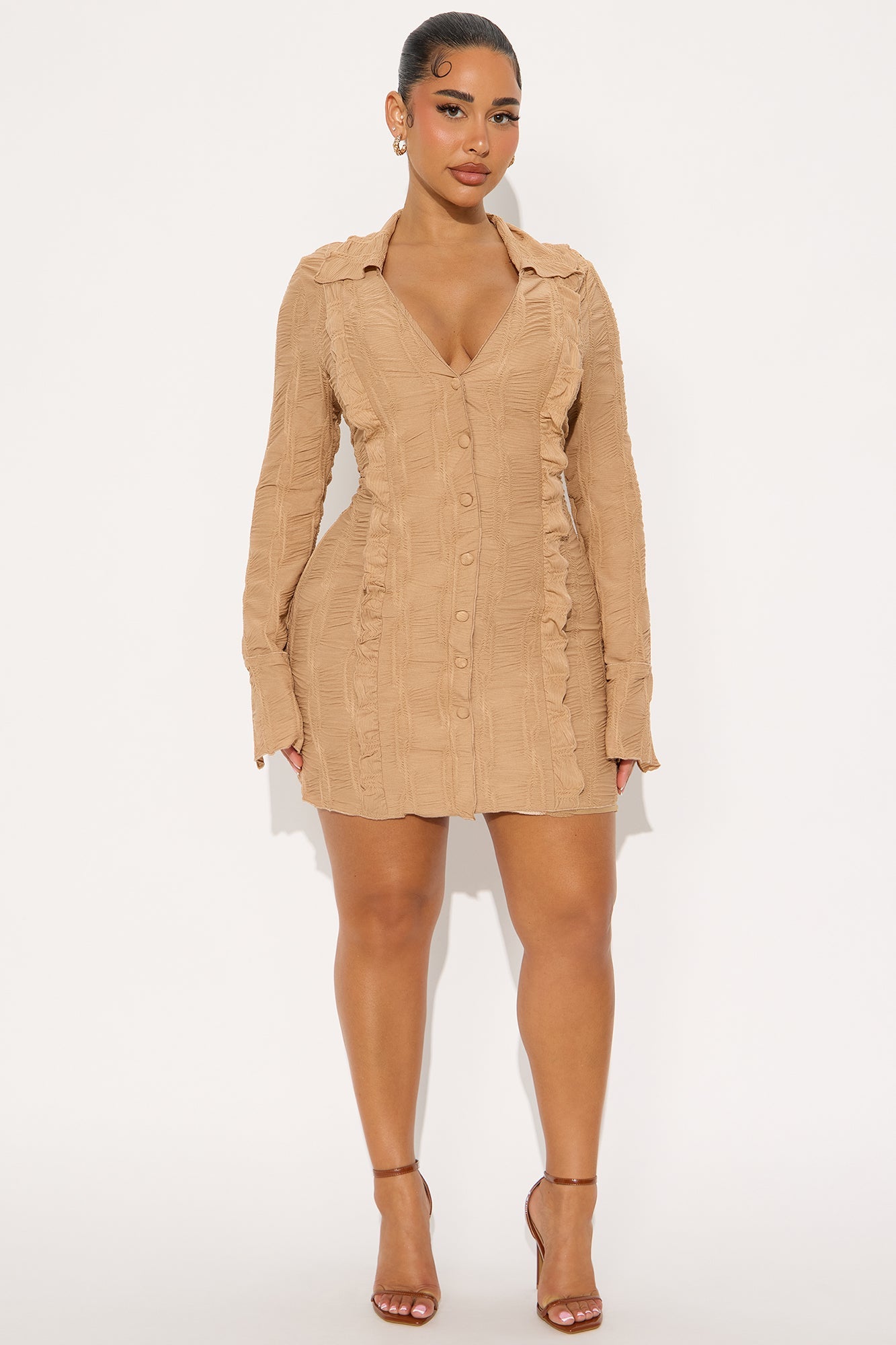Kalise Long Sleeve Textured Mini Dress - Taupe