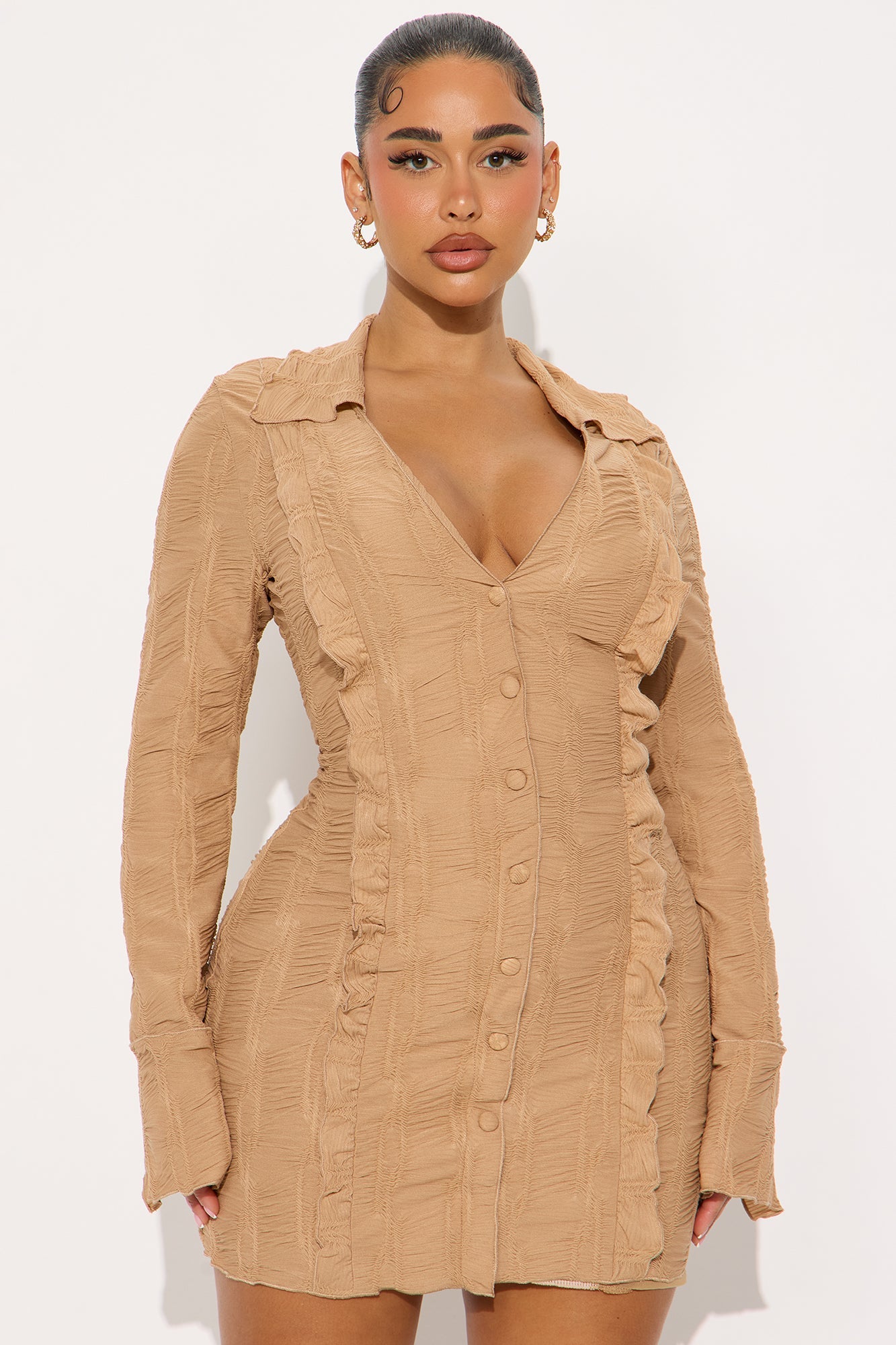 Kalise Long Sleeve Textured Mini Dress - Taupe