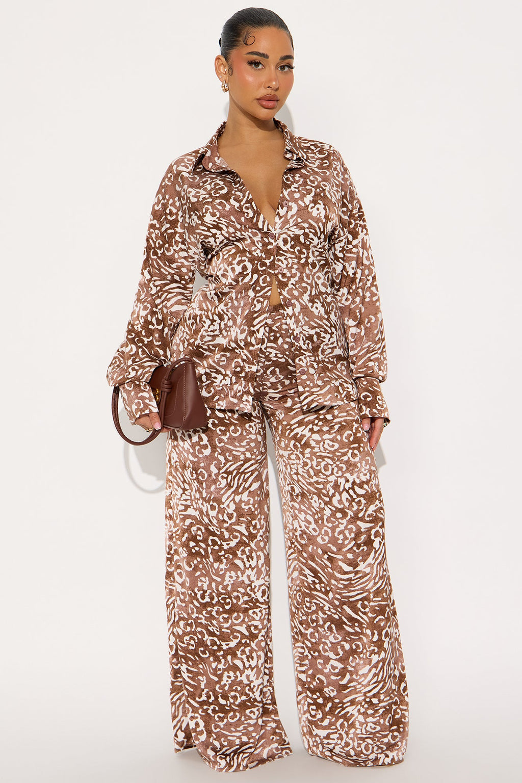 Wild Essence Satin Leopard Pant Set - Brown/combo