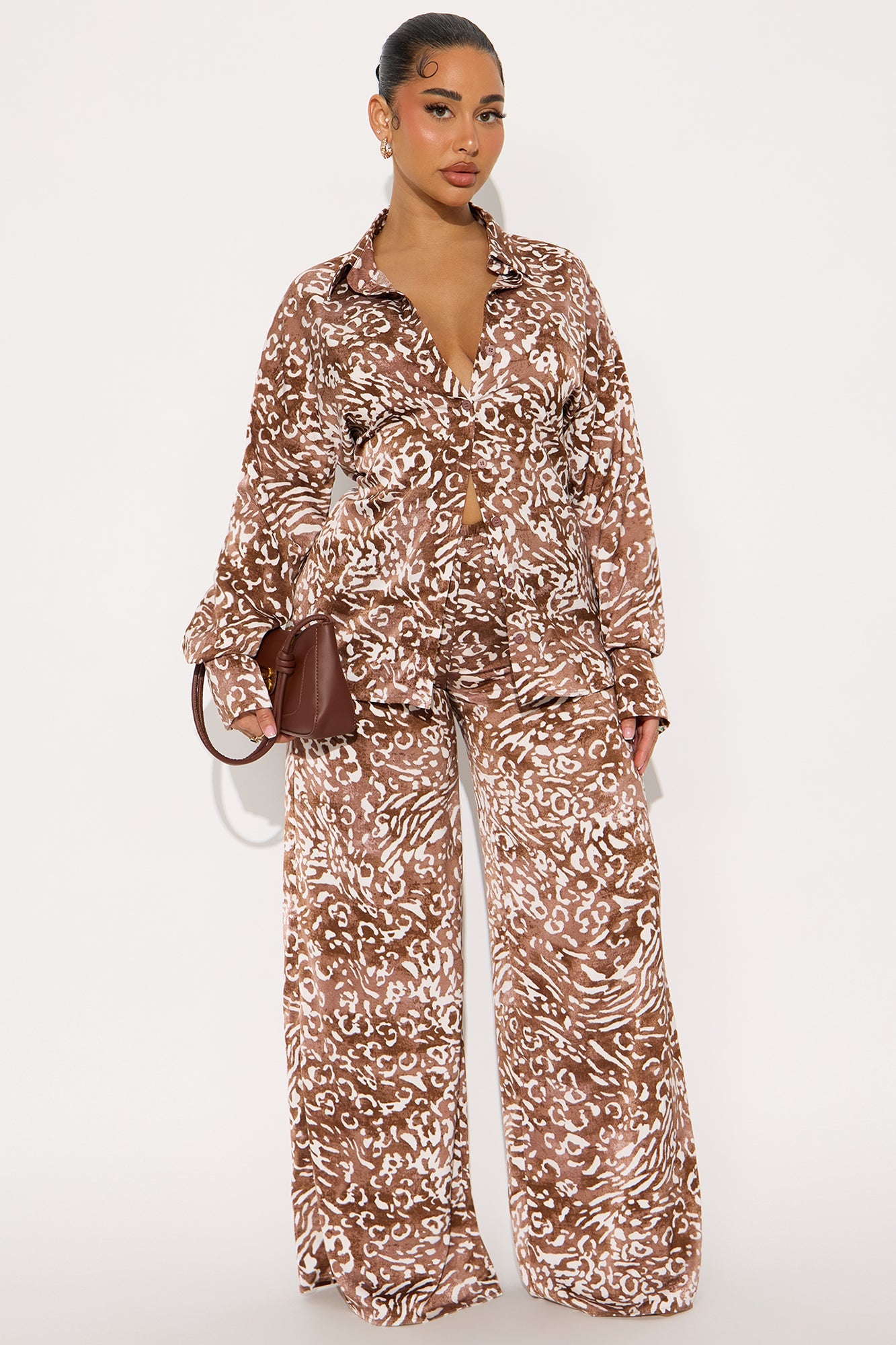 Wild Essence Satin Leopard Pant Set - Brown/combo