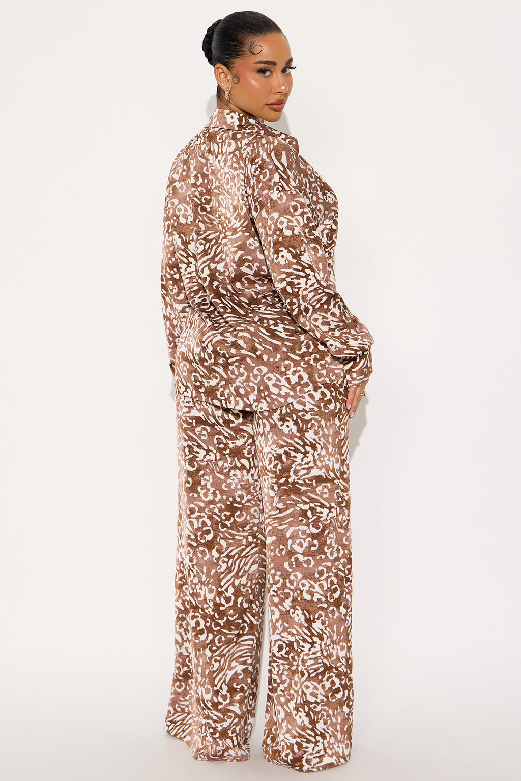 Wild Essence Satin Leopard Pant Set - Brown/combo