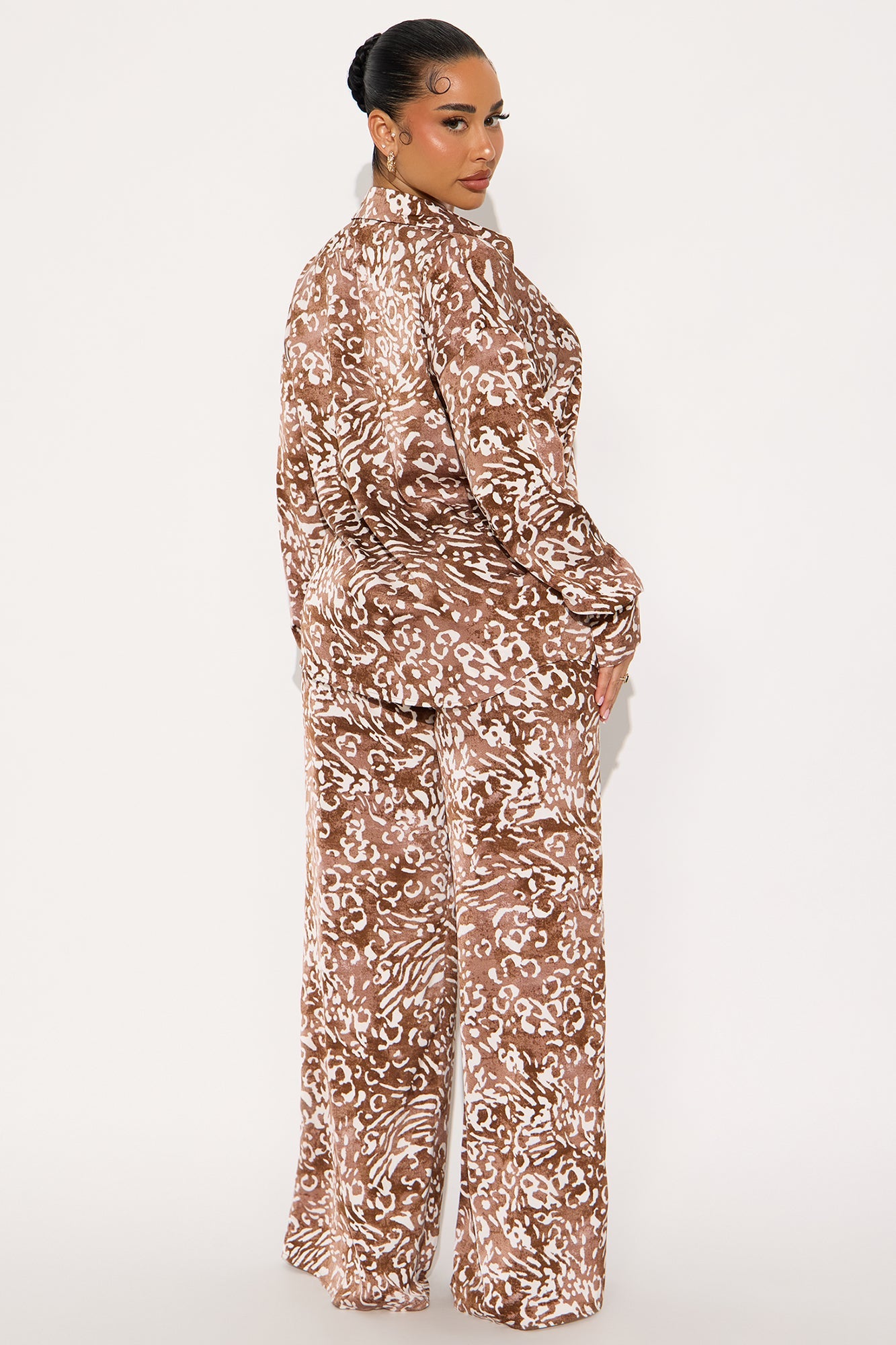 Wild Essence Satin Leopard Pant Set - Brown/combo