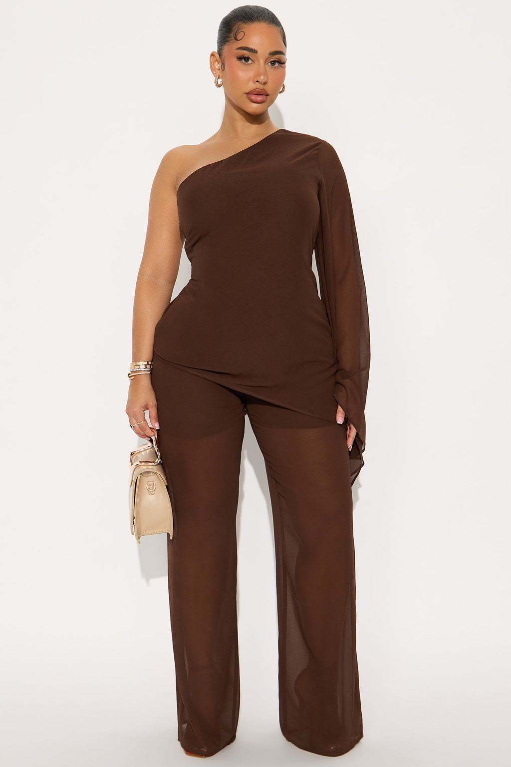 No Hard Feelings One Shoulder Chiffon Pant Set - Brown 